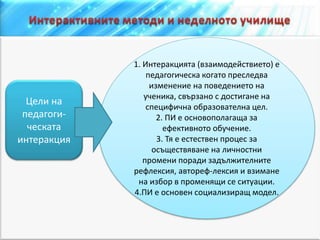 Цели на
педагоги-
ческата
интеракция
1. Интеракцията (взаимодействието) е
педагогическа когато преследва
изменение на поведението на
ученика, свързано с достигане на
специфична образователна цел.
2. ПИ е основополагаща за
ефективното обучение.
3. Тя е естествен процес за
осъществяване на личностни
промени поради задължителните
рефлексия, автореф-лексия и взимане
на избор в променящи се ситуации.
4.ПИ е основен социализиращ модел.
 