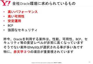 全社Oracle環境に求められているもの
• 高いパフォーマンス
• 高い可用性
• 安定運用
• BCP
• 強固なセキュリティ
昨今、Oracleを利用する案件は、性能、可用性、BCP、セ
キュリティ等の要望レベルが非常に高くなっています
そうでない案件はMySQLが選択される事が多い為です
特に、赤文字３つの項目が重要視されています
Copyright (C) 2016 Yahoo! Japan Corporation. All Rights Reserved. 無断引用・転載禁止
11
 