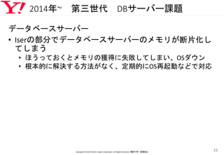 2014年~ 第三世代 DBサーバー課題
データベースサーバー
• Iserの部分でデータベースサーバーのメモリが断片化し
てしまう
• ほうっておくとメモリの獲得に失敗してしまい、OSダウン
• 根本的に解決する方法がなく、定期的にOS再起動などで対応
Copyright (C) 2016 Yahoo! Japan Corporation. All Rights Reserved. 無断引用・転載禁止
33
 