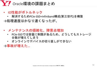 Oracle環境の課題まとめ
• IO性能がボトルネック
• 解消するためPCIe-SSD+Infiniband構成(第三世代)を構築
→処理速度はかなり速くなったが、
• メンテナンスの煩雑化、障害点増加
• PCIe-SSDでは容量に制限があるため、どうしてもストレージ
台数が増えてしまう
• オンラインでデバイスの切り直しができない
→事故が増えた…
Copyright (C) 2016 Yahoo! Japan Corporation. All Rights Reserved. 無断引用・転載禁止
53
 