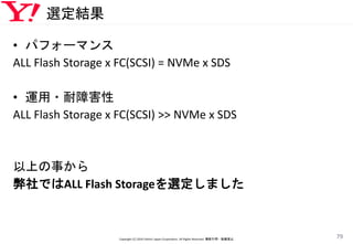 選定結果
• パフォーマンス
ALL Flash Storage x FC(SCSI) = NVMe x SDS
• 運用・耐障害性
ALL Flash Storage x FC(SCSI) >> NVMe x SDS
以上の事から
弊社ではALL Flash Storageを選定しました
Copyright (C) 2016 Yahoo! Japan Corporation. All Rights Reserved. 無断引用・転載禁止
79
 