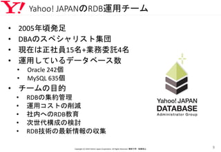 Yahoo! JAPANのRDB運用チーム
• 2005年頃発足
• DBAのスペシャリスト集団
• 現在は正社員15名+業務委託4名
• 運用しているデータベース数
• Oracle 242個
• MySQL 635個
• チームの目的
• RDBの集約管理
• 運用コストの削減
• 社内へのRDB教育
• 次世代構成の検討
• RDB技術の最新情報の収集
Copyright (C) 2016 Yahoo! Japan Corporation. All Rights Reserved. 無断引用・転載禁止
9
 