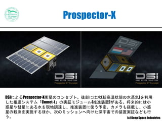 Prospector-X
DSIによるProspector-X衛星のコンセプト。後部には水(超高温状態の水蒸気)を利用
した推進システム「Comet-1」の実証モジュール(推進装置)がある。将来的には小
惑星や彗星にある水を現地調達し、推進装置に使う予定。カメラも搭載し、小惑
星の観測を実施するほか、次のミッションへ向けた深宇宙での装置実証なども行
う。 (c) Deep Space Industries
 