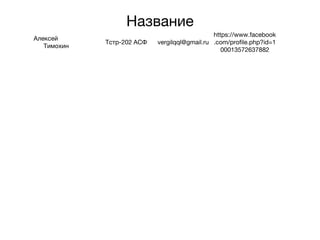 Название
Алексей
Тимохин
Тстр-202 АСФ vergilqql@gmail.ru
https://www.facebook
.com/profile.php?id=1
00013572637882
 