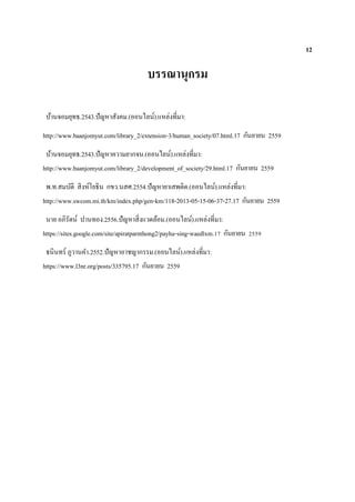 12
บรรณานุกรม
บ้านจอมยุทธ.2543.ปัญหาสังคม.(ออนไลน์).แหล่งที่มา:
http://www.baanjomyut.com/library_2/extension-3/human_society/07.html.17 กันยายน 2559
บ้านจอมยุทธ.2543.ปัญหาความยากจน.(ออนไลน์).แหล่งที่มา:
http://www.baanjomyut.com/library_2/development_of_society/29.html.17 กันยายน 2559
พ.ท.สมบัติ สิงห์โยธิน กขว.นสศ.2554.ปัญหายาเสพติด.(ออนไลน์).แหล่งที่มา:
http://www.swcom.mi.th/km/index.php/gen-km/118-2013-05-15-06-37-27.17 กันยายน 2559
นาย อภิรัตน์ ปานทอง.2556.ปัญหาสิ่งแวดล้อม.(ออนไลน์).แหล่งที่มา:
https://sites.google.com/site/apiratparnthong2/payha-sing-waedlxm.17 กันยายน 2559
ธนินทร์ ภูวานคา.2552.ปัญหาอาชญากรรม.(ออนไลน์).แหล่งที่มา:
https://www.l3nr.org/posts/335795.17 กันยายน 2559
 