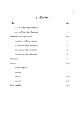 ง
สารบัญ(ต่อ)
เรื่อง หน้า
4.3 การแก้ไขปัญหาปัญหายาเสพยาติด 8
4.4 การแก้ไขปัญหาปัญหาสิ่งแวดล้อม 8
บทที่5 ผลกระทบจากปัญหาในสังคม 9-11
5.1ผลกระทบจากปัญหาความยากจน 9
5.2 ผลกระทบจากปัญหาอาชญากรรม 9
5.3 ผลกระทบจากปัญหายาเสพยาติด 10
5.4 ผลกระทบจากปัญหาสิ่งแวดล้อม 11
บรรณานุกรม 12
ภาคผนวก 13-19
ภาพการประชุมกลุ่ม 13
งานย่อย4 13
งาน ก#1 14-18
งานย่อย8 18-19
ชื่อและภาพผู้จัดทา 20-21
 