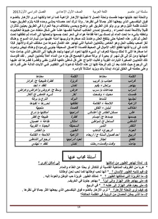 ‫عاصم‬ ‫ابن‬ ‫سلسلة‬‫العربية‬ ‫اللغة‬‫الصف‬‫األ‬‫ول‬‫األول‬ ‫الدراسي‬ ‫الفصل‬ ‫اإلعدادي‬2017
14
‫بالضبوء‬ ‫األزهبار‬ ‫تبـرى‬ ‫ولكنهبا‬ ‫نراهبا‬ ‫كمبا‬ ‫الزاهيبة‬ ‫األزهبار‬ ‫تجبذبها‬ ‫ال‬ ‫العسبل‬ ‫ونحلة‬ ‫طمست‬ ‫مهما‬ ‫خليتها‬ ‫تجد‬ ‫والنحلة‬
‫مهمبا‬ ‫الطريبق‬ ‫يلبزم‬ ‫فإنبه‬ ‫وحبده‬ ‫يمشبي‬ ‫حصبانه‬ ‫أحبد‬ ‫تبرك‬ ‫وإذا‬ . ‫نظرهبا‬ ‫فبي‬ ً‫ال‬‫جمبا‬ ‫أكثبر‬ ‫يجعلهبا‬ ‫البذي‬ ‫البنفسبجي‬ ‫فوق‬
‫و‬ ‫الليل‬ ‫ظلمة‬ ‫اشتدت‬‫تتأثران‬ ‫بعينين‬ ‫الطريق‬ ‫في‬ ‫الحرارة‬ ‫درجة‬ ‫باختالف‬ ‫ويحـس‬ ‫واضح‬ ‫غير‬ ‫الطريق‬ ‫كان‬ ‫ولو‬ ‫يرى‬ ‫هو‬
‫بوت‬‫ب‬‫العنكب‬ ‫خيبوط‬ ‫مبن‬ ‫منطباد‬ ‫شبكل‬ ‫علبى‬ ً‫ا‬‫عشب‬ ‫لنفسبها‬ ‫المائيبة‬ ‫العناكبب‬ ‫إحبـدى‬ ‫وتصبـنع‬ . ‫الحمبراء‬ ‫تحبت‬ ‫باألشبعة‬ ً‫ال‬‫قلبي‬
‫وتحم‬ ‫جسمها‬ ‫تحت‬ ‫شعر‬ ‫في‬ ‫هواء‬ ‫فقاعة‬ ‫ببراعة‬ ‫تمسك‬ ‫ثم‬ ‫الماء‬ ‫تحت‬ ‫ما‬ ‫بشيء‬ ‫وتعلقه‬‫تحبت‬ ‫تطلقهبا‬ ‫ثبم‬ ‫المباء‬ ‫إلى‬ ‫لها‬
‫.وهنباك‬ ‫المبـوج‬ ‫تيبـارات‬ ‫مبن‬ ‫عليبـها‬ ‫آمنبة‬ ‫وتربيبـها‬ ‫صغارها‬ ‫تلـد‬ ‫وعندئذ‬ ‫العش‬ ‫ينتفخ‬ ‫حتى‬ ‫العملية‬ ‫هذه‬ ‫تكرر‬ ‫ثم‬ ‫العش‬
‫فبإذا‬ ‫واألنهار‬ ‫البرك‬ ‫مختلف‬ ‫مـن‬ ‫نمـوها‬ ‫اكتمال‬ ‫عند‬ ‫تهاجر‬ ‫التي‬ ‫المائية‬ ‫بالثعابين‬ ‫الخاص‬ ‫وهو‬ ‫الحل‬ ‫يتطلب‬ ‫أصعب‬ ‫لغز‬
‫فإ‬ ‫أوربا‬ ‫في‬ ‫كانت‬‫وتموت‬ ‫تبيض‬ ‫وهناك‬ )‫(برمودا‬ ‫جنوبي‬ ‫السحيقة‬ ‫األعمـاق‬ ‫قاصـدة‬ ‫المحيط‬ ‫في‬ ‫األميال‬ ‫آالف‬ ‫تقطع‬ ‫نها‬
‫منبه‬ ‫جباءت‬ ‫البذي‬ ‫الشباطئ‬ ‫إلبى‬ ‫طريقهبا‬ ‫وتجبد‬ ‫أدراجهبا‬ ‫تعبود‬ ‫فإنهبا‬ ‫شبـيء‬ ‫أي‬ ‫لتعرف‬ ‫وسيلة‬ ‫تملك‬ ‫ال‬ ‫التي‬ ‫صغارها‬ ‫أما‬
‫م‬ ‫جزء‬ ‫كل‬ ‫فيصبح‬ ‫صغيرة‬ ‫بركة‬ ‫أو‬ ‫بحيرة‬ ‫أو‬ ‫نـهـر‬ ‫كل‬ ‫إلى‬ َّ‫م‬َ‫ث‬ ‫ومن‬ ‫أمهاتها‬‫قاومبـت‬ ‫لقبد‬ . ‫البحبر‬ ‫بثعبابين‬ ً‫ال‬‫آهب‬ ‫المباء‬ ‫ن‬
‫عليهبا‬ ‫هللا‬ ‫فطبـرها‬ ‫وفطبـرة‬ ‫خفبي‬ ‫قبانون‬ ‫دفعهبا‬ ‫شاطئ‬ ‫كل‬ ‫على‬ ‫األمواج‬ ‫وغالبت‬ ‫القوية‬ ‫التيارات‬ ‫الصغيرة‬ ‫الثعابيـن‬ ‫تلك‬
‫هللا‬ ‫قبدرة‬ ‫علبى‬ ‫الدالبة‬ ‫اآليبات‬ ‫فبـي‬ ‫التفكيبـر‬ ‫إلـى‬ ‫تدعـونا‬ ‫األمثلة‬ ‫هذه‬ ‫إن‬ ‫كلها‬ ‫الرحلة‬ ‫تتم‬ ‫أن‬ ‫بعد‬ ‫كانت‬ ‫حيث‬ ‫الرجوع‬ ‫إلى‬
‫ألوامـره‬ ً‫ال‬‫امتثـا‬ ‫ويزيد‬ ‫باهلل‬ ً‫ا‬‫إيمان‬ ‫ليزداد‬ ‫الخلق‬ ‫في‬ ‫حكمته‬ ‫وعلى‬
‫الكلمة‬‫معناها‬‫الكلمة‬‫معناها‬
‫غرائب‬‫غريب‬ /‫م‬ ‫عجائب‬‫غريزة‬‫غرائز‬ /‫ج‬ ‫طبيعية‬ ‫فطرة‬
‫يهاجر‬‫يرتحل‬×‫يقيم‬‫تضل‬‫تفقد‬×‫تجد‬
‫أسراب‬‫سرب‬ /‫م‬ ‫جماعات‬‫عرض‬‫راض‬ِ‫ع‬‫و‬ ‫وأعراض‬ ‫عروض‬ /‫ج‬ ‫وسط‬
‫طمست‬‫محيت‬×‫وضحت‬‫لغز‬‫شي‬‫ألغاز‬ /‫ج‬ ‫غامض‬ ‫ء‬
‫تجذبها‬‫تشدها‬‫البرك‬‫بركة‬ /‫م‬ ‫الترع‬
‫الزاهية‬‫الالمعة‬×‫القاتمة‬‫تطلقها‬‫تحررها‬×‫تقيدها‬
‫اختالف‬‫تباين‬×‫اتفاق‬‫قاصدة‬‫متجهة‬
‫عش‬‫أعشاش‬ /‫ج‬ ‫الطائر‬ ‫مسكن‬‫أدراجها‬‫درج‬ /‫م‬ ‫أماكنها‬
‫جسمها‬‫أجسام‬ /‫ج‬ ‫جسدها‬‫فطرة‬‫فطر‬ /‫ج‬ ‫طبيعة‬
‫الشاطئ‬‫شواطئ‬ /‫ج‬ ‫الساحل‬‫امتثال‬‫طاع‬‫ة‬×‫عصيان‬
‫التفكر‬‫التدبر‬‫السحيقة‬‫البعيدة‬×‫القريبة‬
‫العودة‬‫الرجوع‬×‫الذهاب‬‫الطيور‬‫الطائر‬ /‫م‬
‫الربيع‬‫أربعاء‬ / ‫ج‬ ‫السنة‬ ‫فصول‬ ‫أحد‬‫الزاهية‬‫الالمعة‬×‫القاتمة‬
‫تقطع‬‫تجتاز‬‫أدراجها‬ ‫تعود‬‫الشاطئ‬ ‫إلى‬ ‫ترجع‬
‫جاءت‬‫وقدمت‬ ‫وفدت‬×‫رحلت‬‫تضل‬‫تفقد‬×‫تهتدي‬
1-‫الطي‬ ‫تهاجر‬ ‫لماذا‬‫أماكنها‬ ‫من‬ ‫ور‬‫؟‬ ‫أخري‬ ‫أماكن‬ ‫إلي‬
.‫والماء‬ ‫الغذاء‬ ‫عن‬ ‫بحثا‬ ‫أو‬ ‫للتكاثر‬ ‫أو‬ ‫القاسية‬ ‫المناخية‬ ‫الظروف‬ ‫من‬ ‫هربا‬ *
2-‫؟‬ ‫اإلنسان‬ ‫الطيور‬ ‫تشبه‬ ‫فيم‬‫أوطاننا‬ ‫نحن‬ ‫نحب‬ ‫كما‬ ‫أوطانها‬ ‫تحب‬ ‫أنها‬ *
3-‫؟‬ ‫الطيور‬ ‫تمتلكها‬ ‫التي‬ ‫الغريزة‬ ‫ما‬‫إليه‬ ‫والعودة‬ ‫الوطن‬ ‫حب‬ ‫غريزة‬ ‫الطيور‬ ‫تمتلك‬ *.
4-‫أين؟‬ ‫وإلى‬ ‫الهزاز‬ ‫طائر‬ ‫يهاجر‬ ‫متى‬.‫الخريف‬ ‫في‬ ‫ا‬ً‫ب‬‫جنو‬ ‫يهاجر‬ *
5-‫؟‬ ‫عشه‬ ‫إلى‬ ‫الهزاز‬ ‫طائر‬ ‫يعود‬ ‫متى‬‫الربيع‬ ‫في‬ *
6-‫األزهار؟‬ ‫النحلة‬ ‫ترى‬ ‫كيف‬. ‫نظرها‬ ‫في‬ ‫جماال‬ ‫اكثر‬ ‫يجعلها‬ ‫الذي‬ ‫البنفسجي‬ ‫فوق‬ ‫بالضوء‬ ‫األزهار‬ ‫ترى‬ *
7-‫ا‬ ‫الظلمة‬ ‫في‬ ‫الرؤية‬ ‫من‬ ‫الحصان‬ ‫يمكن‬ ‫الذي‬ ‫ما‬‫لحالكة؟‬
‫جماب‬ ‫أسئلة‬‫عنها‬
:-
 