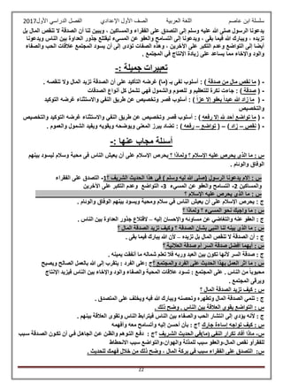 ‫عاصم‬ ‫ابن‬ ‫سلسلة‬‫العربية‬ ‫اللغة‬‫الصف‬‫األ‬‫ول‬‫األول‬ ‫الدراسي‬ ‫الفصل‬ ‫اإلعدادي‬2017
22
‫بل‬ ‫المال‬ ‫تنقص‬ ‫ال‬ ‫الصدقة‬ ‫أن‬ ‫لنا‬ ‫ويبين‬ ، ‫والمساكين‬ ‫الفقراء‬ ‫على‬ ‫التصدق‬ ‫إلى‬ ‫وسلم‬ ‫عليه‬ ‫هللا‬ ‫صلى‬ ‫الرسول‬ ‫يدعونا‬
‫بين‬ ‫العداوة‬ ‫جذور‬ ‫ليقتلع‬ ‫المسيء‬ ‫عن‬ ‫والعفو‬ ‫التسامح‬ ‫إلى‬ ‫ويدعونا‬ ، ‫بقى‬ ‫فيما‬ ‫هللا‬ ‫ويبارك‬ ، ‫تزيده‬‫ويدعونا‬ ‫الناس‬
‫والصفاء‬ ‫الحب‬ ‫عالقات‬ ‫المجتمع‬ ‫يسود‬ ‫أن‬ ‫إلى‬ ‫تؤدى‬ ‫الصفات‬ ‫وهذه‬ ، ‫اآلخرين‬ ‫على‬ ‫التكبر‬ ‫وعدم‬ ‫التواضع‬ ‫إلى‬ ‫أيضا‬
. ‫المجتمع‬ ‫في‬ ‫اإلنتاج‬ ‫زيادة‬ ‫على‬ ‫يساعد‬ ‫مما‬ ‫واإلخاء‬ ‫والود‬
: ‫جميلة‬ ‫تعبيرات‬-
-(‫صدقة‬ ‫من‬ ‫مال‬ ‫نقص‬ ‫ما‬‫الصد‬ ‫أن‬ ‫على‬ ‫التأكيد‬ ‫غرضه‬ )‫(ما‬ ‫بـ‬ ‫نفى‬ ‫أسلوب‬ : ). ‫تنقصه‬ ‫وال‬ ‫المال‬ ‫تزيد‬ ‫قة‬
-(‫صدقة‬‫الصدقات‬ ‫أنواع‬ ‫كل‬ ‫تشمل‬ ‫فهي‬ ‫والشمول‬ ‫للعموم‬ ‫و‬ ‫للتعظيم‬ ‫نكرة‬ ‫جاءت‬ : )
-(ً‫ا‬‫عز‬ ‫إال‬ ‫بعفو‬ ً‫ا‬‫عبد‬ ‫هللا‬ ‫زاد‬ ‫ما‬‫التوكيد‬ ‫غرضه‬ ‫واالستثناء‬ ‫النفي‬ ‫طريق‬ ‫عن‬ ‫وتخصيص‬ ‫قصر‬ ‫أسلوب‬ : )
‫والتخصيص‬
-(‫رفعه‬ ‫إال‬ ‫هلل‬ ‫أحد‬ ‫تواضع‬ ‫ما‬‫وتخصيص‬ ‫قصر‬ ‫أسلوب‬ : )‫والتخصيص‬ ‫التوكيد‬ ‫غرضه‬ ‫واالستثناء‬ ‫النفي‬ ‫طريق‬ ‫عن‬
-(‫نقص‬–‫زاد‬)–(‫تواضع‬–‫رفعه‬. ‫والعموم‬ ‫الشمول‬ ‫ويفيد‬ ‫ويقويه‬ ‫ويوضحه‬ ‫المعنى‬ ‫يبرز‬ ‫تضاد‬ : )
-: ‫عنها‬ ‫مجاب‬ ‫أسئلة‬
: ‫س‬‫ولم‬ ‫؟‬ ‫اإلسالم‬ ‫عليه‬ ‫يحرص‬ ‫الذى‬ ‫ما‬‫؟‬ ‫اذا‬‫بين‬ ‫ليسود‬ ‫وسالم‬ ‫محبة‬ ‫فى‬ ‫الناس‬ ‫يعيش‬ ‫أن‬ ‫على‬ ‫اإلسالم‬ ‫يحرص‬‫هم‬
‫والوئام‬ ‫الوفاق‬.
‫الفقراء‬ ‫على‬ ‫التصدق‬ -1‫؟‬ ‫الشريف‬ ‫الحديث‬ ‫هذا‬ ‫في‬ ) ‫وسلم‬ ‫ليه‬ ‫هللا‬ ‫(صلى‬ ‫الرسول‬ ‫يدعونا‬ ‫إالم‬ : ‫س‬
‫والمساكين‬2-‫المسيء‬ ‫عن‬ ‫والعفو‬ ‫التسامح‬3-‫اآلخرين‬ ‫على‬ ‫التكبر‬ ‫وعدم‬ ‫التواضع‬
‫؟‬ ‫اإلسالم‬ ‫عليه‬ ‫يحرص‬ ‫الذي‬ ‫ما‬ : ‫س‬
‫س‬ ‫في‬ ‫الناس‬ ‫يعيش‬ ‫أن‬ ‫على‬ ‫اإلسالم‬ ‫يحرص‬ : ‫ج‬. ‫والوئام‬ ‫الوفاق‬ ‫بينهم‬ ‫ويسود‬ ‫ومحبة‬ ‫الم‬
‫؟‬ ‫ولماذا‬ ‫؟‬ ‫المسيء‬ ‫نحو‬ ‫واجبك‬ ‫ما‬ : ‫س‬
‫إليه‬ ‫واإلحسان‬ ‫مساوئه‬ ‫عن‬ ‫والتغاضي‬ ‫عنه‬ ‫العفو‬ : ‫ج‬–. ‫الناس‬ ‫بين‬ ‫العداوة‬ ‫جذور‬ ‫القتالع‬
‫؟‬ ‫المال‬ ‫الصدقة‬ ‫تزيد‬ ‫وكيف‬ ‫؟‬ ‫الصدقة‬ ‫بشأن‬ ‫النبي‬ ‫لنا‬ ‫بينه‬ ‫الذي‬ ‫ما‬ : ‫س‬
‫تزي‬ ‫بل‬ ‫المال‬ ‫تنقص‬ ‫ال‬ ‫الصدقة‬ ‫أن‬ : ‫ج‬‫ده‬–. ‫بقى‬ ‫فيما‬ ‫يبارك‬ ‫هللا‬ ‫ألن‬
‫؟‬ ‫العالنية‬ ‫صدقة‬ ‫أم‬ ‫السر‬ ‫صدقة‬ ‫أفضل‬ ‫أيهما‬ : ‫س‬
. ‫يمينه‬ ‫أنفقت‬ ‫ما‬ ‫شماله‬ ‫تعلم‬ ‫فال‬ ‫وربه‬ ‫العبد‬ ‫بين‬ ‫تكون‬ ‫ألنها‬ ‫السر‬ ‫صدقة‬ : ‫ج‬
‫ويصبح‬ ‫الصالح‬ ‫بالعمل‬ ‫هللا‬ ‫إلى‬ ‫يتقرب‬ : ‫الفرد‬ ‫:على‬ ‫؟ج‬ ‫والمجتمع‬ ‫الفرد‬ ‫على‬ ‫الحديث‬ ‫بهذا‬ ‫العمل‬ ‫اثر‬ ‫ما‬ : ‫س‬
‫من‬ ً‫ا‬‫محبوب‬. ‫الناس‬‫اإلنتاج‬ ‫فيزيد‬ ‫الناس‬ ‫بين‬ ‫واإلخاء‬ ‫والود‬ ‫والصفاء‬ ‫المحبة‬ ‫عالقات‬ ‫تسود‬ : ‫المجتمع‬ ‫على‬
. ‫المجتمع‬ ‫ويرقى‬
‫؟‬ ‫المال‬ ‫الصدقة‬ ‫تزيد‬ ‫كيف‬ : ‫س‬
‫الصد‬ ‫تنمي‬ : ‫ج‬. ‫المتصدق‬ ‫على‬ ‫ويخلف‬ ‫فيه‬ ‫هللا‬ ‫ويبارك‬ ‫وتحصنه‬ ‫وتطهره‬ ‫المال‬ ‫قة‬
. ‫ذلك‬ ‫وضح‬ . ‫الناس‬ ‫بين‬ ‫العالقة‬ ‫يقوي‬ ‫التواضع‬ : ‫س‬
‫أل‬ : ‫ج‬. ‫بينهم‬ ‫العالقة‬ ‫وتقوى‬ ‫الناس‬ ‫فيترابط‬ ‫الناس‬ ‫بين‬ ‫والصفاء‬ ‫الحب‬ ‫انتشار‬ ‫إلى‬ ‫يؤدي‬ ‫نه‬
‫جارك‬ ‫إساءة‬ ‫تواجه‬ ‫كيف‬ : ‫س‬‫وأفهمه‬ ‫معه‬ ‫وأتسامح‬ ‫إليه‬ ‫أحسن‬ ‫بأن‬ : ‫؟ج‬
‫س‬-‫الشاريف‬ ‫الحديث‬ ‫(ما)في‬ ‫النفي‬ ‫تكرار‬ ‫أفاد‬ ‫ماذا‬‫؟‬: ‫ج‬‫سابب‬ ‫الصادقة‬ ‫تكاون‬ ‫أن‬ ‫فاي‬ ‫الجاهال‬ ‫عان‬ ‫والظان‬ ‫التاوهم‬ ‫دفاع‬
‫نقص‬ ‫للفقرأو‬‫االنحطاط‬ ‫سبب‬ ‫والهوان،والتواضع‬ ‫للمذلة‬ ‫سبب‬ ‫المال،والعفو‬
:‫س‬. ‫للحديث‬ ‫فهمك‬ ‫خالل‬ ‫من‬ ‫ذلك‬ ‫وضح‬ ، ‫المال‬ ‫بركة‬ ‫في‬ ‫سبب‬ ‫الفقراء‬ ‫على‬ ‫التصدق‬
 
