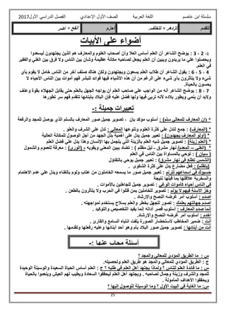 ‫عاصم‬ ‫ابن‬ ‫سلسلة‬‫العربية‬ ‫اللغة‬‫الصف‬‫األ‬‫ول‬‫األول‬ ‫الدراسي‬ ‫الفصل‬ ‫اإلعدادي‬2017
25
‫تتقدم‬‫تزدهر‬×.‫تتخلف‬‫أحزم‬‫أنفع‬×‫اضر‬
‫األبيات‬ ‫على‬ ‫أضواء‬
1،2،3:‫ليسعدوا‬ ‫يجتهدون‬ ‫الذين‬ ‫هم‬ ‫والمعارف‬ ‫العلوم‬ ‫أصحاب‬ ‫وأن‬ ‫العال‬ ‫أساس‬ ‫العلم‬ ‫أن‬ ‫الشاعر‬ ‫يوضح‬
‫ي‬ ‫العلم‬ ‫أن‬ ‫ويبين‬ ‫يريدون‬ ‫ما‬ ‫علي‬ ‫ويحصلوا‬‫والفقير‬ ‫الغني‬ ‫بين‬ ‫فرق‬ ‫وال‬ ‫الناس‬ ‫بين‬ ‫وشأن‬ ‫عظيمة‬ ‫مكانة‬ ‫لصاحبه‬ ‫جعل‬
.‫العلم‬ ‫في‬
4،5،6:‫بأي‬ ‫يقوم‬ ‫ال‬ ‫خامل‬ ‫الناس‬ ‫من‬ ‫آخر‬ ‫صنف‬ ‫هناك‬ ‫ولكن‬ ‫ويجتهدون‬ ‫يسعون‬ ‫العلم‬ ‫طالب‬ ‫أن‬ ‫الشاعر‬ ‫يقول‬
‫ال‬ ‫بين‬ ‫أموات‬ ‫فهم‬ ‫للبشر‬ ‫فوائد‬ ‫فيها‬ ‫األشياء‬ ‫هذه‬ ‫أن‬ ‫من‬ ‫الرغم‬ ‫على‬ ‫شيء‬ ‫بأي‬ ‫يتأثرون‬ ‫وال‬ ‫شيء‬‫ال‬ ‫األحياء‬ ‫ناس‬
.‫بالحياة‬ ‫يحسون‬
7،8:‫وعنف‬ ‫بقوة‬ ‫الجهالء‬ ‫يقابل‬ ‫حتى‬ ‫بالعلم‬ ‫الجهل‬ ‫يواجه‬ ‫أن‬ ‫العلم‬ ‫صاحب‬ ‫علي‬ ‫الواجب‬ ‫من‬ ‫أنه‬ ‫الشاعر‬ ‫يوضح‬
‫تطورها‬ ‫سر‬ ‫فهم‬ ‫تتقدم‬ ‫بأبنائها‬ ‫البالد‬ ‫فإن‬ ‫عليه‬ ‫فضل‬ ‫ولها‬ ‫فيها‬ ‫تربي‬ ‫ألنه‬ ‫بالده‬ ‫ويطور‬ ‫ينمي‬ ‫أن‬ ‫والبد‬
: ‫جميلة‬ ‫تعبيرات‬-
*‫المعارف‬ ‫(إن‬‫ل‬‫سلم‬ ‫لمعالي‬: )‫والرفعة‬ ‫للمجد‬ ‫يوصل‬ ‫الذي‬ ‫بالسلم‬ ‫المعارف‬ ‫صور‬ ‫جميل‬ ‫تصوير‬ ، ‫بإن‬ ‫مؤكد‬ ‫أسلوب‬
*(‫المعارف‬‫وتنوعها‬ ‫العلوم‬ ‫كثرة‬ ‫علي‬ ‫لتدل‬ ‫جمع‬ : ): ‫المعالي‬. ‫والعلو‬ ‫الشرف‬ ‫على‬ ‫تدل‬
*(‫يجهدون‬ ‫المعارف‬ ‫أولو‬: )‫العال‬ ‫للمكانة‬ ‫الوصول‬ ‫أجل‬ ‫من‬ ‫الجهد‬ ‫بذل‬ ‫أهمية‬ ‫على‬ ‫يدل‬ ‫جميل‬ ‫تعبير‬‫ية‬
*(‫زينة‬ ‫العلم‬)‫العلم‬ ‫فضل‬ ‫علي‬ ‫يدل‬ ‫وهذا‬ ‫اإلنسان‬ ‫بها‬ ‫يتجمل‬ ‫التي‬ ‫بالزينة‬ ‫العلم‬ ‫شبه‬ ‫جميل‬ ‫تصوير‬ :
*(‫الغني‬–‫المعدم‬/‫مشرق‬ ‫نهار‬-‫مظلم‬ ‫ليل‬‫ويقويه‬ ‫المعني‬ ‫يبين‬ ‫تضاد‬ : )-(‫الورى‬)‫والشمول‬ ‫للعموم‬ ‫معرفة‬ :
(‫سيان‬)‫العلم‬ ‫في‬ ‫الناس‬ ‫بين‬ ‫بالمساواة‬ ‫توحي‬ :
(‫الشمس‬‫تط‬‫مشرق‬ ‫نهار‬ ‫في‬ ‫لع‬‫بالتفاؤل‬ ‫يوحي‬ ‫جميل‬ ‫تعبير‬ : )
(‫يتظلم‬: )‫الشكوى‬ ‫كثرة‬ ‫على‬ ‫يدل‬ ‫مضارع‬ ‫فعل‬.
‫تترنم‬ ‫أسماعهم‬ ‫في‬ ‫حسبوك‬‫الخ‬ ‫يسمعه‬ ‫ما‬ ‫صور‬ ‫جميل‬ ‫تعبير‬ :‫و‬ ‫بالغناء‬ ‫ولوم‬ ‫عتاب‬ ‫من‬ ‫املون‬‫االهتمام‬ ‫عدم‬ ‫علي‬ ‫يدل‬
‫نتيجة‬ ‫قبلها‬ ‫بما‬ ‫عالقتها‬ ‫والسخرية‬
‫الوغي‬ ‫كأموات‬ ‫أحياء‬ ‫الناس‬ ‫في‬‫تص‬ :‫باألموات‬ ‫للجاهلين‬ ‫جميل‬ ‫وير‬.
‫يؤلم‬ ‫ال‬ ‫فيهم‬ ‫األسنة‬ ‫وخز‬:. ‫بالطعن‬ ‫يتأثرون‬ ‫وال‬ ‫الحرب‬ ‫في‬ ‫قتلوا‬ ‫بمن‬ ‫للخاملين‬ ‫تصوير‬
‫اصدم‬:. ‫واإلرشاد‬ ‫النصح‬ ‫غرضه‬ ‫أمر‬ ‫أسلوب‬
‫بعلمك‬ ‫جهالتهم‬ ‫اصدم‬:‫للجهل‬ ‫تصور‬‫بخطر‬‫ي‬ ‫بسالح‬ ‫والعلم‬‫لم‬ ‫ستخدم‬‫واج‬‫هت‬‫ه‬.
‫المعارف‬ ‫صدم‬ ‫إنما‬:‫إنم‬ ‫أداته‬ ‫قصر‬ ‫أسلوب‬. ‫والتوكيد‬ ‫التخصيص‬ ‫يفيد‬ ‫ا‬
‫اخدم‬:.‫واإلرشاد‬ ‫النصح‬ ‫غرضه‬ ‫أمر‬ ‫أسلوب‬
‫أنت‬. ‫والقارئ‬ ‫السامع‬ ‫انتباه‬ ‫يلفت‬ ‫الصورة‬ ‫الستحضار‬ ‫المخاطب‬ ‫ضمير‬ :
‫أبنائها‬ ‫من‬ ‫انت‬:. ‫وتقدمها‬ ‫رفعتها‬ ‫وعليه‬ ‫أبنائها‬ ‫أحد‬ ‫وهو‬ ‫بأم‬ ‫البالد‬ ‫صور‬ ‫جميل‬ ‫تصوير‬
: ‫س‬‫؟‬ ‫والمجد‬ ‫للمعالي‬ ‫المؤدي‬ ‫الطريق‬ ‫ما‬
: ‫ج‬.‫وتحصيله‬ ‫العلم‬ ‫طريق‬ ‫هو‬ ‫والمجد‬ ‫للمعالي‬ ‫المؤدي‬ ‫الطريق‬
‫؟‬ ‫طلبه‬ ‫في‬ ‫العلم‬ ‫أهل‬ ‫يجتهد‬ ‫ولماذا‬ ‫؟‬ ‫للناس‬ ‫العلم‬ ‫فائدة‬ ‫ما‬ : ‫س‬‫الوحيدة‬ ‫والوسيلة‬ ‫السعيدة‬ ‫الحياة‬ ‫أساس‬ ‫العلم‬ : ‫ج‬
. ‫لصاحبه‬ ‫وجمال‬ ‫وزينة‬ ‫والشرف‬ ‫للمجد‬‫بالحي‬ ‫وينعموا‬ ‫العيش‬ ‫لهم‬ ‫ويطيب‬ ‫السعادة‬ ‫ليحققوا‬ ‫العلم‬ ‫أهل‬ ‫ويجتهد‬‫اة‬
. ‫المأمولة‬ ‫األهداف‬ ‫ويحققوا‬
‫؟‬ ‫إليها‬ ‫للوصول‬ ‫الوسيلة‬ ‫وما‬ ‫؟‬ ‫األول‬ ‫البيت‬ ‫في‬ ‫الغاية‬ ‫ما‬ :‫س‬
-: ‫عنها‬ ‫مجاب‬ ‫أسئلة‬
 