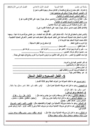 ‫عاصم‬ ‫ابن‬ ‫سلسلة‬‫العربية‬ ‫اللغة‬‫الصف‬‫األ‬‫ول‬‫األول‬ ‫الدراسي‬ ‫الفصل‬ ‫اإلعدادي‬2017
72
‫نح‬ ‫تقديره‬ ‫ا‬ً‫ب‬‫وجو‬ ‫مستتر‬ ‫الفاعل‬ ‫و‬ ‫بالضمة‬ ‫مرفوع‬ ‫مضارع‬ ‫فعل‬ : ‫نشارك‬ () ‫ن‬
2-: ‫هما‬ ‫موضعين‬ ‫في‬ ‫ويأتي‬ ‫ا‬ً‫جواز‬ ‫المستتر‬ ‫الضمير‬
‫أ‬–. ‫للغائبة‬ ‫أو‬ ‫للغائب‬ ‫المسند‬ ‫الماضي‬ ‫الفعل‬
) ‫هو‬ ‫تقديره‬ ‫الفالح‬ ‫على‬ ‫يعود‬ ‫ا‬ً‫جواز‬ ‫مستتر‬ ‫ضمير‬ ‫زرع‬ ‫للفعل‬ ‫(الفاعل‬ . ‫األرض‬ ‫زرع‬ ‫الفالح‬ : ‫مثل‬
‫ب‬–. ‫للغائبة‬ ‫أو‬ ‫للغائب‬ ‫المسند‬ ‫المضارع‬ ‫الفعل‬
‫الدرس‬ ‫المعلمة‬ ‫تشرح‬ : ‫مثل‬. ‫التالميذ‬ ‫أسئلة‬ ‫عن‬ ‫وتجيب‬
(‫للفعل‬ ‫الفاعل‬‫تجيب‬‫على‬ ‫يعود‬ ‫ا‬ً‫جواز‬ ‫مستتر‬ ‫ضمير‬‫المعلمة‬‫تقديره‬‫هي‬)
‫تدريب‬
‫ومهما‬ ، ‫ا‬ً‫د‬‫عب‬ ‫له‬ ‫صرت‬ ‫ا‬ً‫حرف‬ ‫علمني‬ ‫من‬ : ‫الحكماء‬ ‫أحد‬ ‫قال‬ ‫فقد‬ ، ‫النور‬ ‫مشعل‬ ‫ألنه‬ ، ‫أمة‬ ‫كل‬ ‫في‬ ‫المعلم‬ ‫تحترم‬ ‫(الناس‬
‫فسو‬ ‫التعلم‬ ‫على‬ ‫المساعدة‬ ‫الحديثة‬ ‫المخترعات‬ ‫أنتشرت‬، ‫التعليمية‬ ‫العملية‬ ‫في‬ ‫األهم‬ ‫العنصر‬ ‫هو‬ ‫نفسه‬ ‫المعلم‬ ‫يظل‬ ‫ف‬
) ‫له‬ ‫ا‬ً‫م‬‫تكري‬ ‫ا‬ً‫د‬‫عي‬ ‫المعلم‬ ‫الدولة‬ ‫منحت‬ ‫لذلك‬
1. ‫الخط‬ ‫فوق‬ ‫ما‬ ‫أعرب‬ )2: ‫السابقة‬ ‫الفقرة‬ ‫من‬ ‫استخرج‬ )
‫أ‬-: ‫وصل‬ ‫ألف‬ ، ................ : ‫قطع‬ ‫همزة‬..............................
‫ب‬–‫هو‬ ‫نوعه‬ .................... ‫هو‬ ‫:.................أعرابه‬ ‫هو‬ ‫الخبر‬ : ‫نوعه‬ ‫وبين‬ ‫وأعربه‬ ‫خبر‬.....................
‫ج‬‫ـ‬-: ‫الضمير‬ .‫نوعه‬ ‫واذكر‬ ‫ا‬ً‫ضمير‬................................‫نوعه‬ ،................................
3‫انتصر‬ (( ‫الفعلين‬ ‫أسند‬ )–) ّ‫د‬‫ش‬. ‫جملة‬ ‫في‬ ‫منهما‬ ‫كل‬ ‫وضع‬ ‫أخرى‬ ‫مرة‬ ‫النسوة‬ ‫ونون‬ ‫مرة‬ ‫االثنين‬ ‫ألف‬ ‫إلي‬ )
....................................................................................................................................
4-‫فيما‬ ‫الضمير‬ ‫قدر‬‫وأعربه‬ ‫يلي‬:
1-‫والمحتاج‬ ‫الفقراء‬ ‫نساعد‬................................................................................................. ‫ين‬
2-................................................................................................................. ‫معلمي‬ ‫أحترم‬.
3-‫المعلم‬‫ة‬‫شر‬‫ح‬‫الدرس‬ ‫ت‬‫فهم‬ ‫والطالب‬......................................................................................
4-‫هو‬...................................................................................................... ‫ا‬ً‫د‬‫جي‬ ‫النص‬ ‫يحفظ‬
5-‫وال‬ ‫الصحيح‬ ‫الفعل‬‫المعتل‬ ‫فعل‬
:‫الصحيح‬ ‫الفعل‬ *: ‫أقسام‬ ‫ثالثة‬ ‫وهو‬ ‫العلة‬ ‫أحرف‬ ‫من‬ ‫أصواله‬ ‫خلت‬ ‫ما‬ ‫هو‬
1-: ‫المهموز‬: ‫مثل‬ ‫همزة‬ ‫األصلية‬ ‫حروفه‬ ‫أحد‬ ‫كان‬ ‫ما‬ ‫وهو‬(. ‫نشأ‬ ‫ـ‬ ‫بدأ‬ ‫ـ‬ ‫سأل‬ ‫ـ‬ ‫أسر‬ ‫ـ‬ ‫أخذ‬ ‫ـ‬ ‫أبر‬ ‫ـ‬ ‫الف‬ ‫ـ‬ ‫أمر‬
) ‫قرأ‬ ، ‫أخذ‬ ، ‫بدأ‬ ، ‫سأل‬ ، ‫أمن‬
2-: ‫نوعان‬ ‫وهو‬ ‫المضعف‬
‫أ‬-: ‫الثالثي‬ ‫مضعف‬‫م‬ ‫وهو‬: ‫مثل‬ ‫واحد‬ ‫جنس‬ ‫من‬ ‫وآخره‬ ‫وسطه‬ ‫كان‬ ‫ا‬() ّ‫د‬‫ه‬ ، ّ‫د‬‫ر‬ ، ّ‫هز‬ ، ّ‫د‬‫ش‬.
‫ب‬–: ‫الرباعي‬ ‫مضعف‬:‫مثل‬ ‫مكرررين‬ ‫وثانيه‬ ‫أوله‬ ‫كان‬ ‫ما‬ ‫وهو‬(‫ـ‬ ‫سلسل‬ ‫ـ‬ ‫ـ‬ ‫خلخل‬ ‫ـ‬ ‫شقشق‬ ‫ـ‬ ‫جلجل‬
‫عسعس‬‫هدهد‬ ، ‫زلزل‬،)‫جلجل‬ ، ‫قلقل‬
3-: ‫السالم‬( :‫مثل‬ ‫والتضعيف‬ ‫الهمزة‬ ‫من‬ ‫األصلية‬ ‫حروفه‬ ‫سلمت‬ ‫ما‬ ‫وهو‬‫كت‬ ، ‫جلس‬)‫ضرب‬ ، ‫لعب‬ ، ‫ب‬
: ‫المعتل‬ ‫الفعل‬ *‫خمس‬ ‫وهو‬ ) ‫الياء‬ ، ‫الواو‬ ،‫األلف‬ ( ‫وهي‬ ‫العلة‬ ‫حروف‬ ‫من‬ ‫حرف‬ ‫األصلية‬ ‫حروفه‬ ‫في‬ ‫كان‬ ‫ما‬ ‫هو‬
:‫هي‬ ‫أقسام‬
1-: ‫المثال‬: ‫مثل‬ ‫علة‬ ‫حرف‬ ‫األصلية‬ ‫حروفه‬ ‫أول‬ ‫كان‬ ‫ما‬ ‫وهو‬(‫وقف‬ ، ‫وعد‬‫يسر‬ ،‫يئس‬ ،‫ـ‬ ‫وزن‬ ‫ـ‬ ‫وعد‬ ‫ـ‬ ‫وقف‬
‫ولد‬ ‫ـ‬ ‫وزر‬–‫وضع‬–‫وصل‬‫وثب‬ ‫ـ‬ ‫وكز‬ ‫ـ‬‫وخذ‬ ‫ـ‬ ‫وجع‬ ‫ـ‬)
 