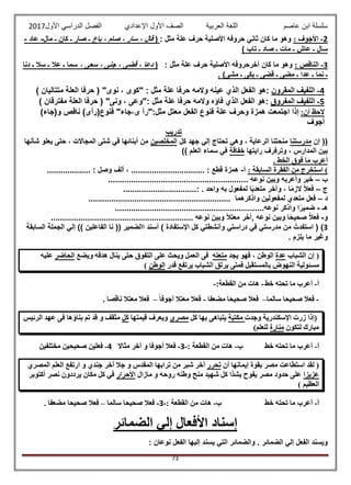 ‫عاصم‬ ‫ابن‬ ‫سلسلة‬‫العربية‬ ‫اللغة‬‫الصف‬‫األ‬‫ول‬‫األول‬ ‫الدراسي‬ ‫الفصل‬ ‫اإلعدادي‬2017
73
2-: ‫األجوف‬: ‫مثل‬ ‫علة‬ ‫حرف‬ ‫األصلية‬ ‫حروفه‬ ‫ثاني‬ ‫كان‬ ‫ما‬ ‫وهو‬(‫باع‬ ، ‫صام‬ ، ‫سار‬ ، ‫قال‬‫مال‬ ‫ـ‬ ‫كان‬ ‫ـ‬ ‫صار‬ ‫ـ‬-‫عاد‬-
) ‫تاب‬ ‫ـ‬ ‫صاد‬ ‫ـ‬ ‫مات‬ ‫ـ‬ ‫عاش‬ ‫ـ‬ ‫سال‬
3-: ‫الناقص‬: ‫مثل‬ ‫علة‬ ‫حرف‬ ‫األصلية‬ ‫آخرحروفه‬ ‫كان‬ ‫ما‬ ‫وهو‬(‫سعى‬ ، ‫جنى‬ ، ‫قضى‬ ، ‫دعا‬،‫دنا‬ ‫ـ‬ ‫سال‬ ‫ـ‬ ‫عال‬ ‫ـ‬ ‫سما‬
‫نم‬ ‫ـ‬. )‫مشى‬ ‫ـ‬ ‫بكى‬ ‫ـ‬ ‫قضى‬ ‫ـ‬ ‫مضى‬ ‫ـ‬ ‫عدا‬ ‫ـ‬ ‫ا‬
4-‫المقرون‬ ‫اللفيف‬:: ‫مثل‬ ‫علة‬ ‫حرفا‬ ‫والمه‬ ‫عينه‬ ‫الذي‬ ‫الفعل‬ ‫هو‬"، ‫كوى‬‫ن‬‫وى‬") ‫متتاليان‬ ‫العلة‬ ‫حرفا‬ (
5-‫المفروق‬ ‫اللفيف‬:: ‫مثل‬ ‫علة‬ ‫حرفا‬ ‫والمه‬ ‫فاؤه‬ ‫الذي‬ ‫الفعل‬ ‫هو‬"‫ونى‬ ، ‫وعى‬") ‫مفترقان‬ ‫العلة‬ ‫حرفا‬ (
:‫أن‬ ‫الحظ‬‫علة‬ ‫وحرف‬ ‫همزة‬ ‫اجتمعت‬ ‫إذا‬:‫مثل‬ ‫معتل‬ ‫الفعل‬ ‫فنوع‬"‫ى،جاء‬ ‫رأ‬")‫و(جاء‬ ‫ناقص‬ )‫فنوع(رأى‬
‫أجوف‬
‫تدريب‬
‫إن‬ ((‫مدرستنا‬‫كل‬ ‫جهد‬ ‫إلي‬ ‫تحتاج‬ ‫وهي‬ ، ‫الرعاية‬ ‫منحتنا‬‫المخلصين‬‫شأنها‬ ‫يعلو‬ ‫حتى‬ ، ‫المجاالت‬ ‫شتى‬ ‫في‬ ‫أبنائها‬ ‫من‬
‫رايتها‬ ‫وترفرف‬ ، ‫المدارس‬ ‫بين‬‫خفاقة‬)) ‫العلم‬ ‫سماء‬ ‫في‬
. ‫الخط‬ ‫فوق‬ ‫ما‬ ‫أعرب‬
‫الفق‬ ‫من‬ ‫استخرج‬ ): ‫السابقة‬ ‫رة‬‫أ‬-: ‫وصل‬ ‫ألف‬ ، ................................ : ‫قطع‬ ‫همزة‬...................
‫ب‬–‫نوعه‬ ‫وبين‬ ‫وأعربه‬ ‫خبر‬.............................................................
‫ج‬–. ‫واحد‬ ‫به‬ ‫لمفعول‬ ‫ا‬ً‫ي‬‫متعد‬ ‫وآخر‬ ، ‫ا‬ً‫م‬‫الز‬ ً‫ال‬‫فع‬:................................
‫د‬–‫واذكرهما‬ ‫لمفعولين‬ ‫متعدي‬ ‫فعل‬..............................................................
‫هـ‬-.‫نوعه‬ ‫واذكر‬ ‫ا‬ً‫ضمير‬................................................................
‫و‬-. ‫نوعه‬ ‫وبين‬ ً‫ال‬‫معت‬ ‫,آخر‬ ‫نوعه‬ ‫وبين‬ ‫ا‬ً‫ح‬‫صحي‬ ‫فعال‬.............................................................
3‫السابقة‬ ‫الجملة‬ ‫إلي‬ )) ‫الفاعلين‬ ‫نا‬ (( ‫االضمير‬ ‫أسند‬ ) ‫اإلستفادة‬ ‫كل‬ ‫وأنشطتي‬ ‫دراستي‬ ‫في‬ ‫مدرستي‬ ‫من‬ ‫استفدت‬ ( )
‫وغير‬‫يلزم‬ ‫ما‬.
‫الشباب‬ ‫إن‬ (‫عدة‬‫يجد‬ ‫فهو‬ ، ‫الوطن‬‫متعته‬‫ويضع‬ ‫هدفه‬ ‫ينال‬ ‫حتى‬ ‫التفوق‬ ‫على‬ ‫ويحث‬ ‫العمل‬ ‫فى‬‫الح‬‫اضر‬‫عليه‬
‫قدر‬ ‫يرتفع‬ ‫الشباب‬ ‫يرتق‬ ‫فمتى‬ ‫بالمستقبل‬ ‫النهوض‬ ‫مسئولية‬‫الوطن‬)
‫أ‬-‫خط‬ ‫تحته‬ ‫ما‬ ‫أعرب‬-:‫القطعة‬ ‫من‬ ‫هات‬-
-‫سالما‬ ‫صحيحا‬ ‫فعال‬–‫مضعفا‬ ‫صحيحا‬ ‫فعال‬-ً‫ا‬‫أجوف‬ ‫معتال‬ ‫فعال‬–. ‫ناقصا‬ ‫معتال‬ ‫فعال‬
‫وجدت‬ ‫اإلسكندرية‬ ‫زرت‬ ‫(إذا‬‫مكتبة‬‫كل‬ ‫بها‬ ‫يتباهى‬‫مصري‬‫قيمتها‬ ‫ويعرف‬‫كل‬‫م‬‫الرئيس‬ ‫عهد‬ ‫فى‬ ‫بناؤها‬ ‫تم‬ ‫قد‬ ‫و‬ ‫ثقف‬
‫لتكون‬ ‫مبارك‬‫منارة‬)‫للعلم‬
‫أ‬-‫خط‬ ‫تحته‬ ‫ما‬ ‫أعرب‬‫ب‬-: ‫القطعة‬ ‫من‬ ‫هات‬-3-‫مثاال‬ ‫آخر‬ ‫و‬ ‫أجوفا‬ ‫فعال‬4-‫مختلفين‬ ‫صحيحين‬ ‫فعلين‬
‫أن‬ ‫إيمانها‬ ‫بقوة‬ ‫مصر‬ ‫استطاعت‬ ‫لقد‬ (‫تحرر‬‫المصري‬ ‫العلم‬ ‫ارتفع‬ ‫و‬ ‫جندي‬ ‫أخر‬ ‫جال‬ ‫و‬ ‫المقدس‬ ‫ترابها‬ ‫من‬ ‫شبر‬ ‫أخر‬
‫عزيزا‬‫مازال‬ ‫و‬ ‫روحه‬ ‫وطنه‬ ‫منح‬ ‫شهيد‬ ‫كل‬ ‫بشذا‬ ‫يفوح‬ ‫مصر‬ ‫حدود‬ ‫على‬‫األحرار‬‫أكتوبر‬ ‫نصر‬ ‫يرددون‬ ‫مكان‬ ‫كل‬ ‫في‬
) ‫العظيم‬
‫أ‬-‫خط‬ ‫تحته‬ ‫ما‬ ‫أعرب‬‫ب‬-: ‫القطعة‬ ‫من‬ ‫هات‬-3-‫سالما‬ ‫صحيحا‬ ‫فعال‬–. ‫مضعفا‬ ‫صحيحا‬ ‫فعال‬
‫الضمائر‬ ‫إلي‬ ‫األفعال‬ ‫إسناد‬
‫إليه‬ ‫يسند‬ ‫التي‬ ‫والضمائر‬ . ‫الضمائر‬ ‫إلي‬ ‫الفعل‬ ‫ويسند‬: ‫نوعان‬ ‫الفعل‬ ‫ا‬
 