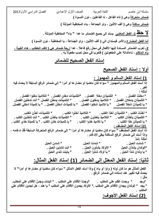 ‫عاصم‬ ‫ابن‬ ‫سلسلة‬‫العربية‬ ‫اللغة‬‫الصف‬‫األ‬‫ول‬‫األول‬ ‫الدراسي‬ ‫الفصل‬ ‫اإلعدادي‬2017
74
‫متحركة‬ ‫ضمائر‬) ‫النسوة‬ ‫نون‬ ، ‫الفاعلين‬ ‫نا‬ ، ‫الفاعل‬ ‫تاء‬ ( ‫وهي‬
‫ساكنة‬ ‫ضمائر‬) ‫المؤنثة‬ ‫المخاطبة‬ ‫ياء‬ ، ‫الجماعة‬ ‫واو‬ ، ‫االثنين‬ ‫ألف‬ ( ‫وهي‬
‫حظ‬ ‫ال‬1-‫الماضي‬ ‫الفعل‬. ‫المؤنثة‬ ‫المخاطبة‬ "‫ياء‬ " ‫عدا‬ ‫ما‬ ‫الضمائر‬ ‫جميع‬ ‫إلى‬ ‫يسند‬
‫المضارع‬ ‫الفعل‬ ‫أما‬‫فيسند‬ ‫واألمر‬) ‫النسوة‬ ‫نون‬ ، ‫المخاطبة‬ ‫يا‬ ، ‫الجماعة‬ ‫واو‬ ، ‫االثنين‬ ‫ألف‬ ( ‫إلي‬ ‫ان‬
2-‫عدا‬ ، ً‫ال‬‫فاع‬ ‫رفع‬ ‫محل‬ ‫في‬ ‫األفعال‬ ‫إليها‬ ‫المسندة‬ ‫الضمائر‬ ‫تعرب‬، ‫الغيبة‬ ‫هاء‬ ، ‫الخطاب‬ ‫كاف‬ ( ‫هي‬ ‫ضمائر‬ ‫أربعة‬
‫المتكلم‬ ‫ياء‬. ‫به‬ ً‫ال‬‫مفعو‬ ‫نصب‬ ‫محل‬ ‫في‬ ‫فتعرب‬ ) ‫المفعولين‬ ‫على‬ ‫ناءالدالة‬ ،
‫الصحي‬ ‫الفعل‬ ‫إسناد‬‫للضمائر‬ ‫ح‬
‫الصحيح‬ ‫الفعل‬ ‫إسناد‬ : ‫أوال‬
1: ‫المهموز‬ ‫و‬ ‫السالم‬ ‫الفعل‬ ‫إسناد‬ )
‫فيه‬ ‫يحدث‬ ‫ال‬ ‫السابقة‬ ‫الرفع‬ ‫ضمائر‬ ‫إلي‬ " ‫ا‬ً‫أمر‬ ‫أو‬ ‫َا‬‫ع‬‫مضار‬ ‫أو‬ ‫ا‬ً‫ي‬‫ماض‬ ‫كان‬ ‫سواء‬ " ‫والمهموز‬ ‫السالم‬ ‫الفعل‬ ‫أسند‬ ‫إذا‬
‫تغير‬.
: ‫أمثلة‬
. ‫الفصل‬ ‫دخلت‬ *. ‫الفصل‬ ‫دخال‬ ‫التلميذان‬ *‫دخلن‬ ‫*التلميذات‬. ‫الفصل‬. ‫الفصل‬ ‫دخلوا‬ ‫التالميذ‬ *
. ‫الفصل‬ ‫يدخلون‬ ‫التالميذ‬ * . ‫الفصل‬ ‫يدخالن‬ ‫التلميذان‬ *.‫الفصل‬ ‫ن‬‫يدخل‬ ‫التلميذلت‬ *.‫الفصل‬ ‫تدخلين‬ ‫أنت‬ *
.‫الفصل‬ ‫خلوا‬‫اد‬ ‫تالميذ‬ ‫يا‬ * .‫الفصل‬ ‫خال‬‫اد‬ ‫تلميذان‬ ‫يا‬ *. ‫الفصل‬ ‫ن‬‫ادخل‬ ‫تلميذات‬ ‫يا‬ *.‫الفصل‬ ‫ي‬‫ادخل‬ ‫تلميذة‬ ‫يا‬ *
***********************
*‫الكتب‬ ‫أخذت‬.‫الكتب‬ ‫أخذا‬ ‫التلميذان‬ *.‫الكتب‬ ‫أخذوا‬ ‫التالميذ‬ *.‫الكتب‬ ‫ن‬‫أخذ‬ ‫التلميذات‬ *.
‫الكتب‬ ‫يأخذان‬ ‫التلميذان‬ *.. ‫الكتب‬ ‫يأخذون‬ ‫التالميذ‬ *. ‫الكتب‬ ‫يأخذن‬ ‫التلميذات‬ *‫الكتب‬ ‫تأخذين‬ ‫أنت‬ *.
. ‫الكتب‬ ‫خذا‬ ‫تلميذلن‬ ‫يا‬ *‫خذ‬ ‫تالميذ‬ ‫يا‬ *. ‫الكتب‬ ‫وا‬. ‫الكتب‬ ‫خذن‬ ‫تلميذات‬ ‫يا‬ *. ‫الكتب‬ ‫خذي‬ ‫تلميذة‬ ‫يا‬ *
(2: ‫ف‬َّ‫ع‬‫المض‬ ‫الفعل‬ ‫إسناد‬ )
، ‫إدغامه‬ َّ‫ك‬‫ف‬ ‫السابقة‬ ‫المتحركة‬ ‫الرفع‬ ‫ضمائر‬ ‫إلي‬ " ‫ا‬ً‫أمر‬ ‫أو‬ ‫َا‬‫ع‬‫مضار‬ ‫أو‬ ‫ا‬ً‫ي‬‫ماض‬ ‫كان‬ ‫سواء‬ " ‫ف‬َّ‫ع‬‫المض‬ ‫الفعل‬ ‫أسند‬ ‫إذا‬
. ‫اإلدغام‬ ‫يبقى‬ ‫الساكنة‬ ‫الرفع‬ ‫ضمائر‬ ‫إلي‬ ‫سند‬‫أ‬ ‫وإذا‬
‫أمثلة‬َّ‫د‬‫:ش‬
. ‫الحبل‬ ‫شددت‬ *.‫الحبل‬ ‫شددنا‬ *‫الحبل‬ ‫شددن‬ *
‫الحبل‬ ‫َّان‬‫د‬‫يش‬ ‫*الولدان‬. ‫الحبل‬ ‫ُّون‬‫د‬‫يش‬ ‫األوالد‬ *‫الحبل‬ ‫ين‬ّ‫د‬‫تش‬ ‫أنت‬ *.
. ‫الحبل‬ ‫َّا‬‫د‬‫ش‬ ‫ولدان‬ ‫يا‬ *. ‫الحبل‬ ‫ُّوا‬‫د‬‫ش‬ ‫أوالد‬ ‫يا‬ *‫الحبل‬ ‫دي‬ّ‫ش‬ ‫يابنت‬ *
‫الضمائر‬ ‫إلي‬ ‫المعتل‬ ‫الفعل‬ ‫إسناد‬ :‫ا‬ً‫ي‬‫ثان‬(1‫الفعل‬ ‫إسناد‬ )‫المثال‬:
‫ال‬ "‫ا‬ً‫أمر‬ ‫أو‬ ‫َا‬‫ع‬‫مضار‬ ‫أو‬ ‫ا‬ً‫ي‬‫ماض‬ ‫كان‬ ‫سواء‬ " ‫االمثال‬ ‫الفعل‬ ‫أسند‬ ‫وإذا‬ ) ً‫ء‬‫يا‬ ‫أو‬ ‫ا‬ً‫واو‬ ( ‫أوله‬ ‫كان‬ ‫ما‬ ‫هو‬ ‫المثال‬ ‫الفعل‬
. ‫الرفع‬ ‫ضمائر‬ ‫إلي‬ ‫إسناده‬ ‫عند‬ ‫تغيير‬ ‫فيه‬ ‫يحدث‬
: ‫مثل‬
‫*وجدنا‬ . ‫المكتب‬ ‫علي‬ ‫القلم‬ ‫وجدت‬ * ‫*وجد‬‫ال‬ ‫علي‬ ‫األقالم‬. ‫مكتب‬.‫المكتب‬ ‫علي‬ ‫األقالم‬ ّ‫وجدن‬ ‫البنات‬ *
‫يجد‬ *‫علي‬ ‫األقالم‬ ‫تجدين‬ ‫هل‬ ، ‫هند‬ ‫يا‬ * ‫المكتب‬ ‫علي‬ ‫األقالم‬ ‫يجدون‬ ‫األوالد‬ *. ‫المكتب‬ ‫علي‬ ‫األقالم‬ ‫يجدان‬ ‫الولدان‬ *
‫المكتب‬.
(2‫الفعل‬ ‫إسناد‬ )‫األجوف‬:
 