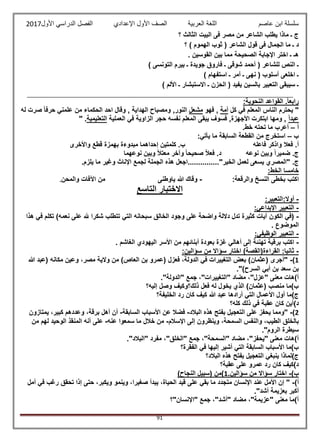 ‫عاصم‬ ‫ابن‬ ‫سلسلة‬‫العربية‬ ‫اللغة‬‫الصف‬‫األ‬‫ول‬‫األول‬ ‫الدراسي‬ ‫الفصل‬ ‫اإلعدادي‬2017
91
‫؟‬ ‫الثالث‬ ‫البيت‬ ‫فى‬ ‫مصر‬ ‫من‬ ‫الشاعر‬ ‫يطلب‬ ‫ماذا‬ ‫ـ‬ ‫ج‬
‫الج‬ ‫ما‬ ‫ـ‬ ‫د‬‫؟‬ ) ‫الهموم‬ ‫ثوب‬ ( ‫الشاعر‬ ‫قول‬ ‫فى‬ ‫مال‬
. ‫القوسين‬ ‫بين‬ ‫مما‬ ‫الصحيحة‬ ‫اإلجابة‬ ‫اختر‬ ‫ـ‬ ‫هـ‬
) ‫التونسى‬ ‫بيرم‬ ‫ـ‬ ‫جويدة‬ ‫فاروق‬ ‫ـ‬ ‫شوقى‬ ‫أحمد‬ ( ‫للشاعر‬ ‫النص‬ ‫ـ‬
) ‫استفهام‬ ‫ـ‬ ‫أمر‬ ‫ـ‬ ‫نهى‬ ( ‫أسلوب‬ ‫اخلعى‬ ‫ـ‬
) ‫األلم‬ ‫ـ‬ ‫االستبشار‬ ‫ـ‬ ‫الحزن‬ ( ‫يفيد‬ ‫بالسين‬ ‫التعبير‬ ‫سيبقى‬ ‫ـ‬
‫ال‬ ‫القواعد‬ .ً‫ا‬‫رابع‬:‫نحوية‬
‫كل‬ ‫في‬ ‫المعلم‬ ‫الناس‬ ‫يحترم‬ "‫أمة‬‫فهو‬ ,‫مشعل‬‫له‬ ‫صرت‬ ً‫ا‬‫حرف‬ ‫علمني‬ ‫من‬ ‫الحكماء‬ ‫احد‬ ‫وقال‬ , ‫الهداية‬ ‫ومصباح‬ ,‫النور‬
ً‫ا‬‫عبد‬‫العملية‬ ‫في‬ ‫الزاوية‬ ‫حجر‬ ‫نفسه‬ ‫المعلم‬ ‫يبقى‬ ‫فسوف‬ ,‫األجهزة‬ ‫ابتكرت‬ ‫ومها‬ ,‫التعليمية‬" .
‫أ‬–.‫خط‬ ‫تحته‬ ‫ما‬ ‫أعرب‬
‫ب‬–‫يأتي‬ ‫ما‬ ‫السابقة‬ ‫القطعة‬ ‫من‬ ‫استخرج‬:
‫فعال‬ .‫أ‬‫فاعله‬ ‫واذكر‬‫واألخرى‬ ‫قطع‬ ‫بهمزة‬ ‫مبدوءة‬ ‫إحداهما‬ ‫كلمتين‬ .‫ب‬
‫نوعه‬ ‫وبين‬ ً‫ا‬‫ضمير‬ .‫ج‬‫نوعهما‬ ‫وبين‬ ً‫ال‬‫معت‬ ‫وآخر‬ ً‫ا‬‫صحيح‬ ً‫ال‬‫فع‬ .‫د‬
.‫ج‬.‫يلزم‬ ‫ما‬ ‫وغير‬ ‫اإلناث‬ ‫لجمع‬ ‫الجملة‬ ‫هذه‬ ‫الخير"...............اجعل‬ ‫لعمل‬ ‫يسعى‬ ‫"المصري‬
:‫الخط‬ ‫خامسا‬
:‫والرقعة‬ ‫النسخ‬ ‫بخطى‬ ‫اكتب‬-‫ياوطنى‬ ‫هللا‬ ‫وقاك‬‫والمحن‬ ‫اآلفات‬ ‫من‬.
‫االختبار‬‫التاسع‬
-:‫أوال:التعبير‬
-:‫اإلبداعي‬ ‫التعبير‬
-‫سبحانه‬ ‫الخالق‬ ‫وجود‬ ‫على‬ ‫واضحة‬ ‫داللة‬ ‫تدل‬ ‫كثيرة‬ ‫آيات‬ ‫الكون‬ ‫(في‬‫نعم‬ ‫على‬ ‫هلل‬ ‫شكرا‬ ‫تتطلب‬ ‫التي‬‫ه‬‫هذا‬ ‫في‬ ‫تكلم‬ )
. ‫الموضوع‬
-:‫الوظيفي‬ ‫التعبير‬
-‫غ‬ ‫أهالي‬ ‫إلى‬ ‫تهنئة‬ ‫برقية‬ ‫اكتب‬. ‫الغاشم‬ ‫اليهودي‬ ‫األسر‬ ‫من‬ ‫أبنائهم‬ ‫بعودة‬ ‫زة‬
-:‫سؤالين‬ ‫من‬ ‫سؤاال‬ ‫اختار‬ )‫القراءة(القصة‬ :‫ثانيا‬
1)-‫هللا‬ ‫(عبد‬ ‫مكانه‬ ‫وعين‬ ،‫مصر‬ ‫والية‬ ‫من‬ )‫العاص‬ ‫بن‬ ‫(عمرو‬ ‫فعزل‬ ،‫الدولة‬ ‫في‬ ‫التغييرات‬ ‫بعض‬ )‫(عثمان‬ ‫"أجرى‬
.")‫السرح‬ ‫أبي‬ ‫بن‬ ‫سعد‬ ‫بن‬
‫"الد‬ ‫جمع‬ ،"‫"التغييرات‬ ‫مضاد‬ ،"‫"عزل‬ ‫معنى‬ ‫أ)هات‬."‫ولة‬
‫إليه؟‬ ‫وصل‬ ‫ذلك؟وكيف‬ ‫فعل‬ ‫له‬ ‫يخول‬ ‫الذي‬ )‫(عثمان‬ ‫منصب‬ ‫ب)ما‬
‫الخليفة؟‬ ‫رد‬ ‫كان‬ ‫كيف‬ ‫هللا‬ ‫عبد‬ ‫أرادها‬ ‫التي‬ ‫األعمال‬ ‫أول‬ ‫ج)ما‬
‫كله؟‬ ‫ذلك‬ ‫في‬ ‫عقبة‬ ‫كان‬ ‫د)أين‬
2)-‫البالد‬ ‫هذه‬ ‫بفتح‬ ‫التعجيل‬ ‫على‬ ‫يحفز‬ ‫"ومما‬-‫السابقة‬ ‫األسباب‬ ‫عن‬ ‫فضال‬-‫يمتازون‬ ،‫كبير‬ ‫وعددهم‬ ،‫برقة‬ ‫أهل‬ ‫أن‬
‫ا‬ ‫بالخلق‬‫اإلسالم‬ ‫إلى‬ ‫وينظرون‬ ،‫السمحة‬ ‫والنفس‬ ،‫لطيب‬-‫عنه‬ ‫سمعوا‬ ‫ما‬ ‫خالل‬ ‫من‬-‫من‬ ‫لهم‬ ‫الوحيد‬ ‫المنقذ‬ ‫أنه‬ ‫على‬
."‫الروم‬ ‫سيطرة‬
."‫"البالد‬ ‫مفرد‬ ،"‫"الخلق‬ ‫جمع‬ ،"‫"السمحة‬ ‫مضاد‬ ،"‫"يحفز‬ ‫معنى‬ ‫أ)هات‬
‫الفقرة؟‬ ‫في‬ ‫إليها‬ ‫أشير‬ ‫التي‬ ‫السابقة‬ ‫األسباب‬ ‫ب)ما‬
‫البالد؟‬ ‫هذه‬ ‫بفتح‬ ‫التعجيل‬ ‫ينبغي‬ ‫ج)لماذا‬
‫عقبة؟‬ ‫على‬ ‫عمرو‬ ‫رد‬ ‫كان‬ ‫د)كيف‬
)‫ب‬-.‫سؤالين‬ ‫من‬ ‫سؤاال‬ ‫اختار‬1)‫النجاح‬ ‫(سبيل‬ ‫)من‬
)‫أ‬-‫أمل‬ ‫في‬ ‫رغب‬ ‫تحقق‬ ‫إذا‬ ‫حتى‬ ،‫ويكبر‬ ‫وينمو‬ ،‫صغيرا‬ ‫يبدأ‬ ،‫الحياة‬ ‫قيد‬ ‫على‬ ‫بقي‬ ‫ما‬ ‫متجدد‬ ‫اإلنسان‬ ‫عند‬ ‫األمل‬ ‫إن‬ "
."‫أشد‬ ‫بعزيمة‬ ‫أكبر‬
‫"اإلنسان"؟‬ ‫جمع‬ ،"‫"أشد‬ ‫مضاد‬ ،"‫"عزيمة‬ ‫معنى‬ ‫أ)ما‬
 
