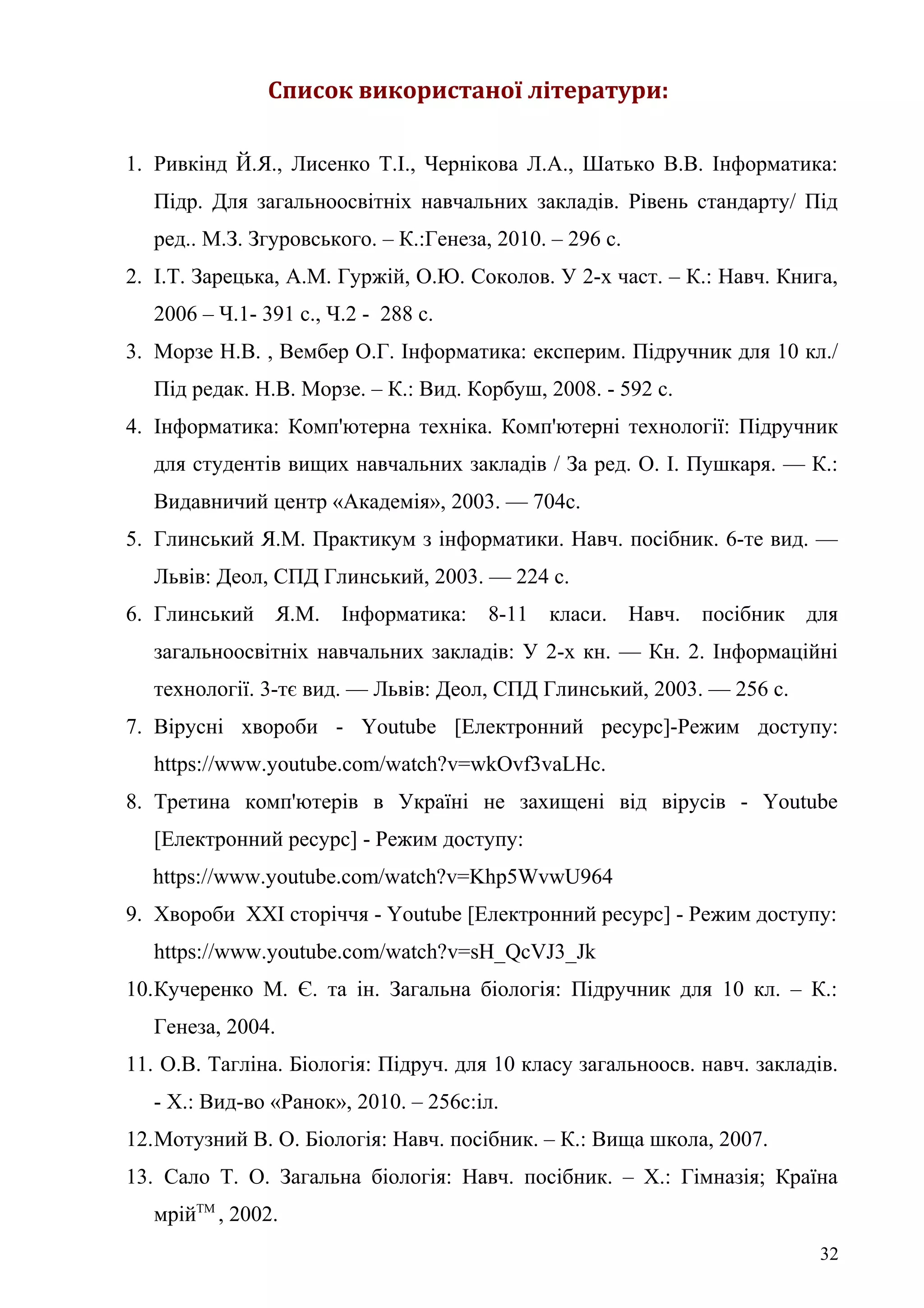 Список використаної літератури:
1. Ривкінд Й.Я., Лисенко Т.І., Чернікова Л.А., Шатько В.В. Інформатика:
Підр. Для загальноосвітніх навчальних закладів. Рівень стандарту/ Під
ред.. М.З. Згуровського. – К.:Генеза, 2010. – 296 с.
2. І.Т. Зарецька, А.М. Гуржій, О.Ю. Соколов. У 2-х част. – К.: Навч. Книга,
2006 – Ч.1- 391 с., Ч.2 - 288 с.
3. Морзе Н.В. , Вембер О.Г. Інформатика: експерим. Підручник для 10 кл./
Під редак. Н.В. Морзе. – К.: Вид. Корбуш, 2008. - 592 с.
4. Інформатика: Комп'ютерна техніка. Комп'ютерні технології: Підручник
для студентів вищих навчальних закладів / За ред. О. І. Пушкаря. — К.:
Видавничий центр «Академія», 2003. — 704с.
5. Глинський Я.М. Практикум з інформатики. Навч. посібник. 6-те вид. —
Львів: Деол, СПД Глинський, 2003. — 224 с.
6. Глинський Я.М. Інформатика: 8-11 класи. Навч. посібник для
загальноосвітніх навчальних закладів: У 2-х кн. — Кн. 2. Інформаційні
технології. 3-тє вид. — Львів: Деол, СПД Глинський, 2003. — 256 с.
7. Вірусні хвороби - Youtube [Електронний ресурс]-Режим доступу:
https://www.youtube.com/watch?v=wkOvf3vaLHc.
8. Третина комп'ютерів в Україні не захищені від вірусів - Youtube
[Електронний ресурс] - Режим доступу:
https://www.youtube.com/watch?v=Khp5WvwU964
9. Хвороби ХХІ сторіччя - Youtube [Електронний ресурс] - Режим доступу:
https://www.youtube.com/watch?v=sH_QcVJ3_Jk
10.Кучеренко М. Є. та ін. Загальна біологія: Підручник для 10 кл. – К.:
Генеза, 2004.
11. О.В. Тагліна. Біологія: Підруч. для 10 класу загальноосв. навч. закладів.
- Х.: Вид-во «Ранок», 2010. – 256с:іл.
12.Мотузний В. О. Біологія: Навч. посібник. – К.: Вища школа, 2007.
13. Сало Т. О. Загальна біологія: Навч. посібник. – Х.: Гімназія; Країна
мрійТМ
, 2002.
32
 