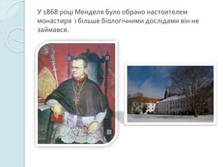 У 1868 році Менделя було обрано настоятелем
монастиря і більше біологічними дослідами він не
займався.
 