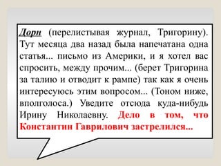 Дорн (перелистывая журнал, Тригорину).
Тут месяца два назад была напечатана одна
статья... письмо из Америки, и я хотел вас
спросить, между прочим... (берет Тригорина
за талию и отводит к рампе) так как я очень
интересуюсь этим вопросом... (Тоном ниже,
вполголоса.) Уведите отсюда куда-нибудь
Ирину Николаевну. Дело в том, что
Константин Гаврилович застрелился...
 