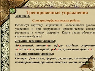 Тренировочные упражнения
Задание 2.
Словарно-орфоэпическая работа.
Используя карточку –справочник «особенности русског
уда...