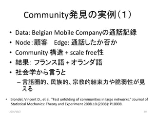 Community発見の実例（１）
• Data: Belgian Mobile Companyの通話記録
• Node：顧客 Edge: 通話したか否か
• Community 構造 + scale free性
• 結果： フランス語 + オ...