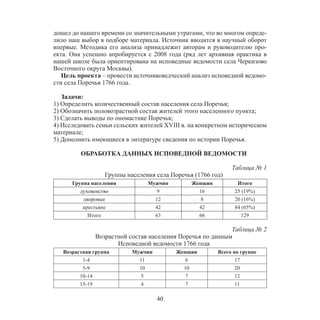 40
дошел до нашего времени со значительными утратами, что во многом опреде-
лило наш выбор в подборе материала. Источник вводится в научный оборот
впервые. Методика его анализа принадлежит авторам и руководителю про-
екта. Она успешно апробируется с 2008 года (ряд лет архивная практика в
нашей школе была ориентирована на исповедные ведомости села Черкизово
Восточного округа Москвы).
Цель проекта – провести источниковедческий анализ исповедной ведомо-
сти села Поречья 1766 года.
Задачи:
1) Определить количественный состав населения села Поречья;
2) Обозначить половозрастной состав жителей этого населенного пункта;
3) Сделать выводы по ономастике Поречья;
4) Исследовать семьи сельских жителей XVIII в. на конкретном историческом
материале;
5) Дополнить имеющиеся в литературе сведения по истории Поречья.
ОБРАБОТКА ДАННЫХ ИСПОВЕДНОЙ ВЕДОМОСТИ
Таблица № 1
Группы населения села Поречья (1766 год)
Группа населения Мужчин Женщин Итого
духовенство 9 16 25 (19%)
дворовые 12 8 20 (16%)
крестьяне 42 42 84 (65%)
Итого 63 66 129
Таблица № 2
Возрастной состав населения Поречья по данным
Исповедной ведомости 1766 года
Возрастная группа Мужчин Женщин Всего по группе
1-4 11 6 17
5-9 10 10 20
10-14 5 7 12
15-19 4 7 11
 