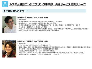 ■一緒に働くメンバー
先進サービス開発グループ 担当 27歳
＜主な経歴＞
・テレコムキャリアのネットワークSI舞台にて、
製造、精油、ECサイト事業をはじめ多岐にわたるお客様のネットワーク設計～運用技術支援までを担当。
・ネットワーク技術に精通しており、CCIEを独学にて取得。
・NEEDLEWORKの企画～ローンチ、保守までを担当。
・現在はチームのアイデアマンとして新技術発掘や新サービス生み出しのエンジンを担っている。
・最近ではもっぱら24時間プログラムの事を考えているとか。
システム基盤エンジニアリング事業部 先進サービス開発グループ
先進サービス開発グループ 担当 32歳
<主な経歴>
・大手電気機器メーカーのネットワークSIの事業部にて官公省庁、
金融系ネットワークの設計～運用技術支援までを担当。
・システム基盤エンジニアリング事業部のSIグループ（現、先進サービス開発グループ）の
ネットワークSIのメイン担当として参画。
・Palo Alto Networksの次世代FWに精通しており、設定・構築ガイドを執筆し、技術評論社より出版。
・Palo Altoの普及活動とともにPALallaxの開発・保守を担当
 