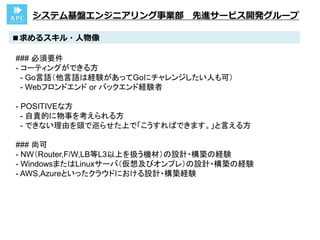 ■求めるスキル・人物像
システム基盤エンジニアリング事業部 先進サービス開発グループ
【必須条件】
アプリ開発経験
C/C++/C#/Java/Objective-C
Python/Ruby/PHPのいずれかを使用した開発
【尚可条件】
Webフロンドエンドの経験
コーディングに関する実務経験がある方
-HTML、HTML5、CSS、CSS3、Javascriptのいずれかを使用した開発
★こんな方と一緒に働きたいと考えています！
POSITIVEな方
- 自責的に物事を考えられる方
- できない理由を頭で巡らせた上で「こうすればできます。」と言える方
 