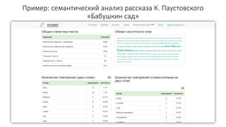 Пример: семантический анализ рассказа К. Паустовского
«Бабушкин сад»
 