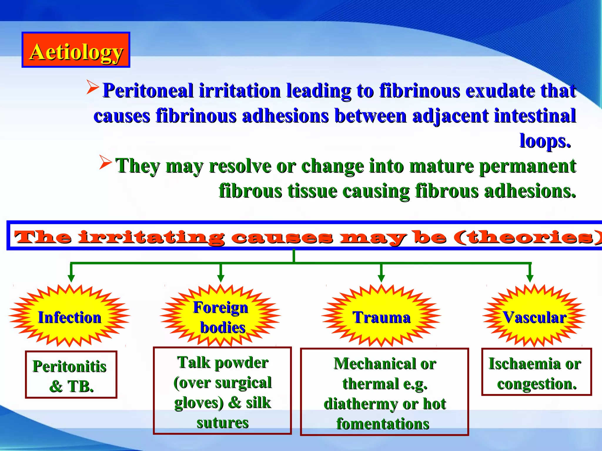 AetiologyAetiology
Peritoneal irritation leading to fibrinous exudate thatPeritoneal irritation leading to fibrinous exudate that
causes fibrinous adhesions between adjacent intestinalcauses fibrinous adhesions between adjacent intestinal
loops.loops.
They may resolve or change into mature permanentThey may resolve or change into mature permanent
fibrous tissue causing fibrous adhesions.fibrous tissue causing fibrous adhesions.
The irritating causes may be (theories)The irritating causes may be (theories)
Mechanical orMechanical or
thermal e.g.thermal e.g.
diathermy or hotdiathermy or hot
fomentationsfomentations
InfectionInfection
ForeignForeign
bodiesbodies
TraumaTrauma VascularVascular
PeritonitisPeritonitis
& TB.& TB.
Talk powderTalk powder
(over surgical(over surgical
gloves) & silkgloves) & silk
suturessutures
Ischaemia orIschaemia or
congestion.congestion.
 