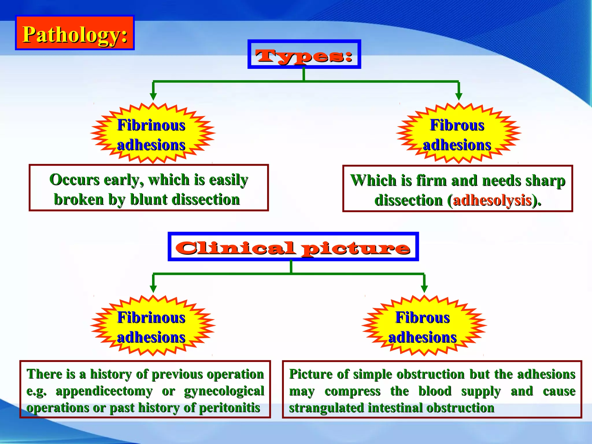 Pathology:Pathology:
Types:Types:
Occurs early, which is easilyOccurs early, which is easily
broken by blunt dissectionbroken by blunt dissection
FibrinousFibrinous
adhesionsadhesions
Which is firm and needs sharpWhich is firm and needs sharp
dissection (dissection (adhesolysisadhesolysis).).
FibrousFibrous
adhesionsadhesions
Clinical pictureClinical picture
There is a history of previous operationThere is a history of previous operation
e.g. appendicectomy or gynecologicale.g. appendicectomy or gynecological
operations or past history of peritonitisoperations or past history of peritonitis
FibrinousFibrinous
adhesionsadhesions
Picture of simple obstruction but the adhesionsPicture of simple obstruction but the adhesions
may compress the blood supply and causemay compress the blood supply and cause
strangulated intestinal obstructionstrangulated intestinal obstruction
FibrousFibrous
adhesionsadhesions
 