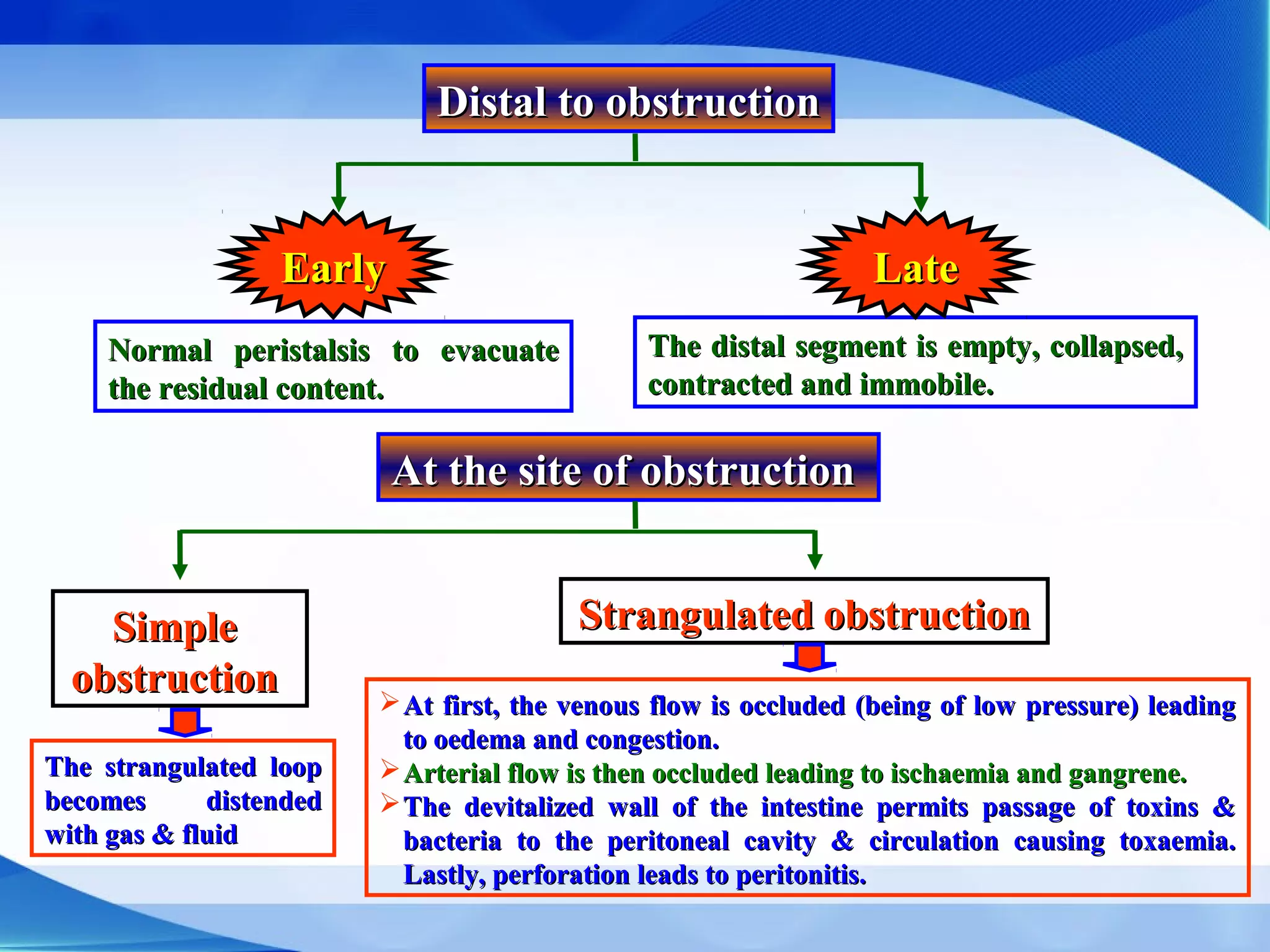 Distal to obstructionDistal to obstruction
Normal peristalsis to evacuateNormal peristalsis to evacuate
the residual content.the residual content.
The distal segment is empty, collapsed,The distal segment is empty, collapsed,
contracted and immobile.contracted and immobile.
EarlyEarly LateLate
At the site of obstructionAt the site of obstruction
SimpleSimple
obstructionobstruction
StrangulatedStrangulated obstructionobstruction
The strangulated loopThe strangulated loop
becomes distendedbecomes distended
with gas & fluidwith gas & fluid
At first, the venous flow is occluded (being of low pressure) leadingAt first, the venous flow is occluded (being of low pressure) leading
to oedema and congestion.to oedema and congestion.
Arterial flow is then occluded leading to ischaemia and gangrene.Arterial flow is then occluded leading to ischaemia and gangrene.
The devitalized wall of the intestine permits passage of toxins &The devitalized wall of the intestine permits passage of toxins &
bacteria to the peritoneal cavity & circulation causing toxaemia.bacteria to the peritoneal cavity & circulation causing toxaemia.
Lastly, perforation leads to peritonitis.Lastly, perforation leads to peritonitis.
 