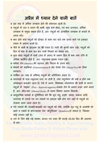  इस माह म अिधक तापक्रम होने की संभावना रहती है।
 पशुओं म जल व लवण की कमी, भूख कम होना, एवं कम उ पादन, अिधक
तापक्रम के प्रमुख प्रभाव होते ह, अतः पशुओं को अ यिधक तापक्रम से बचाने के
उपाय कर।
 भार ढोने वाले पशुओं को दोपहर से शाम चार बजे तक छाया वाले एवं हवादार
थान म आराम करने द।
 पीने के पानी के इंतज़ाम पर भी यान द। पानी की कु डी साफ रख। पशुओं को
िदन म कम से कम चार बार पानी िपलाने का प्रयास कर।
 कु छ मादा पशुओं म गमीर् (ताव म आना) के लक्षण िदन म कम तथा राित्र म
अिधक प्रदिशर्त होते ह, अतः पशुपालक इसका यान रख।
 थनैला रोग (Mastitis) की पहचान और िनदान के उपाय कर।
 मेमन को फड़िकया (Enterotoxemia) व भेड़ चेचक रोग (Sheep Pox) का टीका
लगवाएं।
 गािभन (छः माह से अिधक) पशुओं को अितिरक्त आहार द।
 चारागाह म घास यूनतम तर पर होती है, तथा पशुपोषण भी वषार् न होने तक
अपेक्षाकृ त कमज़ोर रहता है। ऐसे म लवण, िवशेषकर फॉसफोरस की कमी के कारण
पशुओं म ‘पाइका’ (Pica – depraved appetite) नामक रोग के लक्षण नज़र आने लगते
ह, अतः बाँटा-चाट (Mineral block) म लवण िम ण अव य िमलाय।
 सामुदाियक प्रयास से सुिनि चत कर िक मृत पशु, ह डी, चमड़ा, कं काल आिद
चारागाह के रा त एवं उन थान पर इक् ठा नहीं होने पाए जहाँ से पशुओं का
रोज़ाना आना जाना रहता है।
 ऐसे थान की तारबंदी/बाड़बंदी कर पशुओं को रोक, क्य िक मृत पशु के अवशेष को
खाने व चबाने से प्राण-घातक रोग ‘बोचुिल म’ (Botulism) हो सकता है, िजसका
कोई उपचार नहीं है।
 चारे के िलए बोई गई मक्का, बाजरा एवं वार की कटाई 45-50 िदन की अव था
म कर।
 