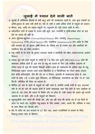  जुलाई म अिधकांश िह स म वषार् ऋतु आने की स भावना रहती है, तथा कु छ थान पर
आँधी-तूफान के साथ वषार् होती है। ऐसे म गमीर् व नमी जिनत रोग से पशुओं को बचाएं।
ृ िम-नाषक घोल या दवा
देने का समय भी यही है।
 अगर मुँहपका-खुरपका (Foot and Mouth Disease) रोग, गलघ टू (Haemorrhagic
Septicaemia), ठ पा (Black Quarter) रोग, फड़िकया (Enterotoxemia) रोग आिद के टीके
नहीं लगवाए ह , तो कृ पया अभी लगवा ल। िवशेष प से य क भेड़ और बकिरय को
फड़िकया रोग का टीका लगवाएं।
 पशु याँने के दो घ टे के अ दर नवजात बछड़े व बछिड़य को खीस (प्रथम– त य) अव य
िपलाएं।
 िसंिचत हरे चारे के खेत म पशुओं को नहीं जाने द, क्य िक ल बी गमीर् के बाद अचानक
वषार् से जो हरे चारे की बढ़वार होती है उसम साइनाइड जहर पैदा होने से चारा जहरीला हो
जाता है। यह वार की फसल म िवशेष तौर पर होता है। ऐसी फसल को समय पूवर् क ची
अव था म ना काट, और न ही पशुओं को िखलाएं।
 बहुऋतुजीवी चारा घास की रोपाई कर, और बढ़ रही घास की कटाई 40 से 50 िदन के
अंतर पर करते रह। संतुिलत पशु-आहार के िलए मक्का, वार, बाजरे की, लोिबया व ग्वार
के साथ िमला कर िबजाई कर।
 भेड़ के शरीर को ऊन कतरने के 21 िदन बाद, बा य परजीिवय से बचाने के िलये,
िकटाणु-नाषक घोल से िभगोएं।
 कीचड़, बाढ़, आिद का प्रभाव पशओु ं पर यनतमू हो, ऐसे उपाय अभी से कर।
 वषार्जिनत रोग से बचाव के उपाय नहीं भलू ; अतःं परजीवी व क
 यादा दधू देने वाले पशओु ं के याँने के 7-8 िदन तक दग्धु वर (Milk Fever) होने की
संभावना अिधक होती है। इस रोग से पशु को बचाने के िलए उसे गािभन अव था म
उिचत मात्रा म सयू र् की रोशनी िमलनी चािहए। साथ ही गभार्व था के अंितम माह म पशु
िचिक सक वारा लगाया जाने वाला िवटािमन ई व िसलेिनयम का िटका प्रसव उपरांत
होने वाली किठनाईयाँ, जसै े की जेर का न िगरना, इ यािद म लाभदायक होता है, अतः
पानी के साथ 5 से 10 ग्राम चनाू िमलाकर, या कै ि शयम, फा फोरस का घोल 70 से 100
िम.ली. प्रितिदन भी िदया जा सकता है।
 