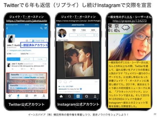 イーンスパイア（株）横田秀珠の著作権を尊重しつつ、是非ノウハウをシェアしよう！ 22
https://twitter.com/jaketaustin https://www.instagram.com/p/_2wXhYk4gE/
一般女性のダニエル・シーザーさんは、
なんと6年以上もの間、Twitterを通
して、 れる想いをアメリカの若者に
人気のドラマ「ウェイバリー通りのウィ
ザードたち」に出演し有名になった
俳優ジェイク・T・オースティンに発
信し続けてた。2011年、彼女はとう
とう彼との初対面をニューヨークにあ
る、「プラネットハリウッド」とい
うレストランで迎える。そして2015
年12月29日にジェイク自身が
Instagramへ彼女との２ショット写
真を投稿し交際宣言した。
一般女性のダニエル・シーザーさんジェイク・T・オースティン ジェイク・T・オースティン
Twitter公式アカウント Instagram公式アカウント
認証済みアカウント
Twitterで６年も返信（リプライ）し続けInstagramで交際を宣言
http://grapee.jp/134273
 