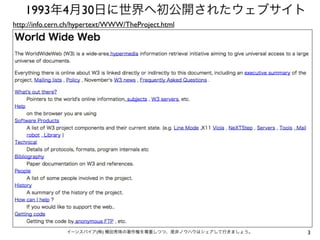 3イーンスパイア(株) 横田秀珠の著作権を尊重しつつ、是非ノウハウはシェアして行きましょう。
1993年4月30日に世界へ初公開されたウェブサイト
http://info.cern.ch/hypertext/WWW/TheProject.html
 