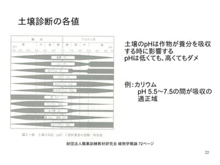 22
財団法人職業訓練教材研究会 植物学概論 72ページ
土壌診断の各値
土壌のpHは作物が養分を吸収
する時に影響する
pHは低くても、高くてもダメ
例：カリウム
　　pH 5.5～7.5の間が吸収の
　　適正域
 