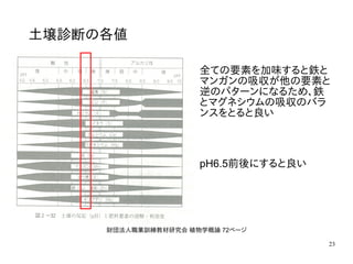 23
財団法人職業訓練教材研究会 植物学概論 72ページ
土壌診断の各値
全ての要素を加味すると鉄と
マンガンの吸収が他の要素と
逆のパターンになるため、鉄
とマグネシウムの吸収のバラ
ンスをとると良い
pH6.5前後にすると良い
 
