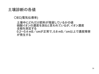 30
土壌診断の各値
〇EC(電気伝導率)
土壌中にどれだけ肥料が残留しているかの値
硝酸イオンの濃度を測ると言われているが、イオン濃度
全般を測定する
0.2～0.4 mS／cmが正常で、0.8 mS／cm以上で濃度障害
が発生する
 