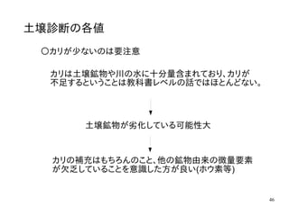 46
土壌診断の各値
〇カリが少ないのは要注意
カリは土壌鉱物や川の水に十分量含まれており、カリが
不足するということは教科書レベルの話ではほとんどない。
土壌鉱物が劣化している可能性大
カリの補充はもちろんのこと、他の鉱物由来の微量要素
が欠乏していることを意識した方が良い(ホウ素等)
 