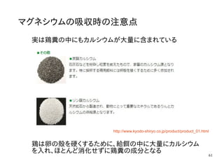 61
マグネシウムの吸収時の注意点
実は鶏糞の中にもカルシウムが大量に含まれている
http://www.kyodo-shiryo.co.jp/product/product_01.html
鶏は卵の殻を硬くするために、給餌の中に大量にカルシウム
を入れ、ほとんど消化せずに鶏糞の成分となる
 