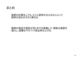89
まとめ
施肥の計算をしても、どこに肥料を与えるかによって
肥料の効きが大きく異なる
植物の吸収や肥料が効くまでを意識して、無駄な施肥を
減らし、経費を下げつつ秀品率を上げる
 
