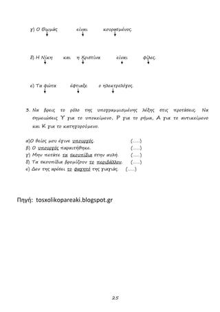 25
γ) Ο Θωµάς είναι κουρασµένος.
δ) Η Νίκη και η Χριστίνα είναι φίλες.
ε) Τα φώτα έφτιαξε ο ηλεκτρολόγος.
3. Να βρεις το ρόλο της υπογραµµισµένης λέξης στις προτάσεις. Να
σηµειώσεις Υ για το υποκείµενο, Ρ για το ρήµα, Α για το αντικείµενο
και Κ για το κατηγορούµενο.
α)Ο θείος µου έγινε υπουργός. (……)
β) Ο υπουργός παραιτήθηκε. (……)
γ) Μην πετάτε τα σκουπίδια στην αυλή. (……)
δ) Τα σκουπίδια βροµίζουν το περιβάλλον. (……)
ε) ∆εν της αρέσει το φαγητό της γιαγιάς. (……)
Πηγή: tosxolikopareaki.blogspot.gr
 