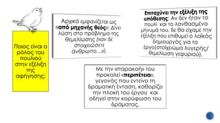 Ποιος είναι ο
ρόλος του
πουλιού
στην εξέλιξη
της
αφήγησης;
Με την «παρακοή» του
προκαλεί «περιπέτεια»,
γεγονός που εντείνει τη
δραματική ένταση, καθορίζει
την πλοκή του έργου και
οδηγεί στην κορύφωση του
δράματος.
 