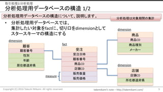 takemikami’s note	– http://takemikami.com/
分析処理用データベースの構造 1/2
• 分析処理用データベースでは、
集計したい対象をfactに、切り口をdimensionとして
スタースキーマの構造にす...