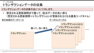 takemikami’s note	– http://takemikami.com/
トランザクションデータの収集
• 想定される更新期間まで遡って、該当データの洗い替え
（想定される更新期間＝トランザクションが更新されなくなる最長リードタイム）
17Copyright	(C)	2016	Takeshi	Mikami.	All	rights	reserved.
データの収集
トランザクションデータの収集方法について示します。
取引処理のデータベース
トランザクション
トランザクション(10/1)
トランザクション(10/2)
トランザクション(10/3)
トランザクション(10/4)
・・・
遡って、洗い替え
データウェアハウス
 