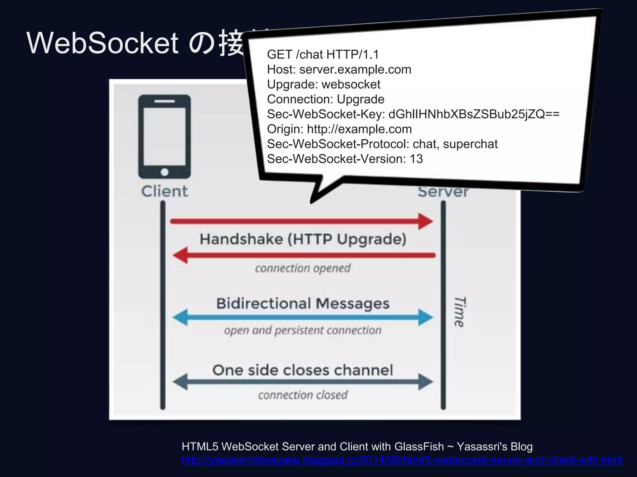 WebSocket の接続手順 (1)GET /chat HTTP/1.1
Host: server.example.com
Upgrade: websocket
Connection: Upgrade
Sec-WebSocket-Key: dGhlIHNhbXBsZSBub25jZQ==
Origin: http://example.com
Sec-WebSocket-Protocol: chat, superchat
Sec-WebSocket-Version: 13
HTML5 WebSocket Server and Client with GlassFish ~ Yasassri's Blog
http://yasassriratnayake.blogspot.jp/2014/06/html5-websocket-server-and-client-with.html
 
