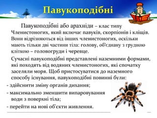 Павукоподі́бні або арахніди – клас типу
Членистоногих, який включає павуків, скорпіонів і кліщів.
Вони відрізняються від і...