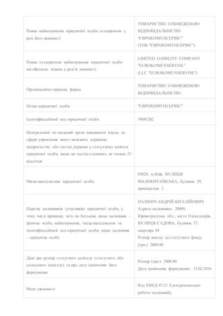 Повне найменування юридичної особи та скорочене у
разі його наявності
ТОВАРИСТВО З ОБМЕЖЕНОЮ
ВІДПОВІДАЛЬНІСТЮ
"ЄВРОКОМУНСЕ...