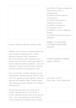 Код КВЕД 43.22 Монтаж водопровідних
мереж, систем опалення та
кондиціонування;
Код КВЕД 43.29 Інші будівельно-
монтажні ро...
