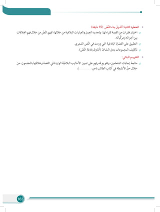 163
»»)‫دقيقة‬ 15( ّ‫ّص‬‫ن‬‫ال‬ ‫بناء‬ ‫أتذوق‬ :‫الثانية‬ ‫الخطوة‬
÷÷‫العالقات‬‫فهم‬‫خالل‬‫من‬ ّ‫ص‬ّ‫ن‬‫ال‬‫لفهم‬‫خاللها؛‬‫من‬‫البالغية‬‫والعبارات‬‫الجمل‬‫وتحديد‬،‫لقراءتها‬‫القصة‬‫من‬‫فقرات‬‫اختيار‬
.‫ّباته‬‫ك‬‫ومر‬‫أجزائه‬‫بين‬
÷÷.‫الشعري‬ ‫ص‬َّ‫ن‬‫ال‬ ‫في‬ ‫وردت‬ ‫التي‬ ‫البالغية‬ ‫القضايا‬ ‫على‬ ‫التطبيق‬
÷÷.) ّ‫ص‬َّ‫ن‬‫ال‬ ‫بالغة‬ ‫(أتذوق‬ ‫النشاط‬ ‫بحل‬ ‫المجموعات‬ ‫تكليف‬
»»:‫البنائي‬ ‫التقويـم‬
÷÷‫من‬ ،‫بالمضمون‬ ‫وعالقتها‬ ‫القصة‬ ‫في‬ ‫الواردة‬ ‫ة‬ّ‫ي‬‫البالغ‬ ‫األساليب‬ ‫تمييز‬ ‫على‬ ‫قدرتهم‬ ‫وتقويم‬ ،‫المتعلمين‬ ‫إجابات‬ ‫متابعة‬
.).......................... :‫(ص‬ ‫الطالب‬ ‫كتاب‬ ‫في‬ ‫األنشطة‬ ّ‫حل‬ ‫خالل‬
 