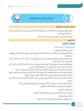 182
145
‫دقيقة‬
‫األولى‬ ‫ة‬ ّ‫الحص‬ ‫تنفيذ‬ ‫إجراءات‬
)‫دقائق‬ 5( ‫التهيـئة‬ ‫التمهيد‬
÷÷ُ‫ومالحظة‬ ِ‫العرض‬ ِ‫شاشة‬‫عبر‬ ِ‫النحل‬ ِ‫سورة‬‫من‬)51( ِ‫واآلية‬ ِ‫م‬‫األنعا‬ ِ‫سورة‬‫من‬)19( ِ‫اآلية‬ ِ‫لقراءة‬ َ‫المتعلمين‬ ِ‫م‬‫المعل‬ ُ‫ه‬‫توجي‬
.ِ‫المعدود‬‫مع‬ ِ‫العدد‬ ِ‫م‬‫استخدا‬
÷÷.ِ‫الصرافة‬ ِ‫وأماكن‬ ِ‫المصارف‬ ‫في‬ ِ‫النقود‬ ِّ‫لعد‬ ‫فيديو‬ ِ‫شريط‬ ُ‫عرض‬
‫العرض‬ :‫ا‬ ً‫ثاني‬
‫التنفيذ‬ ‫خطوات‬
ُ‫االستكشاف‬ :‫األولى‬ ُ‫الخطوة‬
»»:)‫دقائق‬ 25( :‫واألنشطة‬ ‫األساليب‬
÷÷
ِ‫توظيف‬ َ‫مع‬ ِ‫والتأنيث‬ ِ‫التذكير‬ ِ‫حالتي‬ ‫في‬ ِ‫المعدود‬ ‫مع‬ )2،1( ِ‫بالعدد‬ ‫الخاصة‬ ِ‫الدرس‬ ِ‫أمثلة‬ ‫في‬ َ‫المتعلمين‬ ِ‫م‬‫المعل‬ ُ‫مناقشة‬
.ِ‫الصفية‬ ِ‫البيئة‬
÷÷،‫كاتب‬ ،‫(قائد‬ ٍ‫مجموعة‬ ِّ‫كل‬ ِ‫أعضاء‬ ‫على‬ ِ‫األدوار‬ ُ‫وتوزيع‬ ،ٍ‫خماسية‬ ٍ‫مجموعات‬ ِ‫لتشكيل‬ ‫المتعلمين‬ ِ‫م‬‫المعل‬ ُ‫ه‬‫توجي‬
.)‫للبيئة‬ ‫ضابط‬ ،‫سائل‬ ،‫للبيئة‬ ‫منظم‬
÷÷ِ‫التذكير‬‫حالتي‬‫في‬)10-3(‫من‬‫العدد‬ َ‫م‬‫استخدا‬‫تتضمن‬‫والتي‬‫عليها‬ ِ‫العمل‬ ِ‫أوراق‬ ُ‫وتوزيع‬‫للمجموعات‬‫المهمة‬ ُ‫توضيح‬
.‫المدرسي‬ ِ‫الكتاب‬‫في‬‫عليها‬ ِ‫الدالة‬ ِ‫والصور‬ ِ‫األعداد‬ ِ‫استقراء‬ ِ‫خالل‬‫من‬ ِ‫والتأنيث‬
÷÷.‫أداءاتها‬ ‫وتعزيز‬ ً‫مجموعة‬ ً‫مجموعة‬ ‫إليه‬ ‫توصلت‬ ‫فيما‬ ‫ومناقشتها‬ ‫عملها‬ ‫لتجويد‬ ِ‫المجموعات‬ ‫عمل‬ ‫متابعة‬
÷÷.‫المرفق‬ ‫الجدول‬ ‫وتعبئة‬ ‫والمعدود‬ ‫العدد‬ ‫الستخراج‬ )َّ‫والدي‬ ‫(مع‬ ‫مقال‬ ‫من‬ ِ‫المقتطفة‬ ِ‫الفقرة‬ ِ‫لقراءة‬ ِ‫المجموعات‬ ُ‫ه‬‫توجي‬
÷÷.‫نتاجاتهم‬ ِ‫لتجويد‬ ‫المتعلمين‬ ِ‫دافعية‬ ِ‫وإثارة‬ ِ‫الصعوبات‬ ُ‫وتذليل‬ ِ‫المجموعات‬ ِ‫عمل‬ ُ‫متابعة‬
÷÷ِ‫الدرس‬ ِ‫أمثلة‬ ِ‫تأمل‬ ِ‫خالل‬ ‫من‬ ‫والتأنيث‬ ‫التذكير‬ ‫حالتي‬ ‫في‬ ‫المعدود‬ ‫مع‬ )10-3( ِ‫العدد‬ ِ‫أحوال‬ ‫في‬ ِ‫المتعلمين‬ ُ‫مناقشة‬
.ِ‫المصورة‬
÷÷. ٍ‫كلمات‬ ‫إلى‬ ‫ها‬ِ‫وتحويل‬ ٍ‫ومؤنث‬ ٍ‫مذكر‬ ٍ‫معدود‬ ‫مع‬ )10-1( ‫من‬ ٍ‫متنوعة‬ ِ‫أعداد‬ ِ‫لذكر‬ ِ‫المتعلمين‬ ُ‫ه‬‫توجي‬
÷÷.‫ه‬ِ‫وتطوير‬ ‫إلثرائه‬ ‫إليه‬ ‫استمعوا‬ ‫ما‬ ِ‫م‬‫لتقوي‬ ِ‫المتعلمين‬ ُ‫تشجيع‬
»»:)‫دقائق‬ 10( ‫البنائي‬ ‫التقويم‬
÷÷.ِ‫والمعدود‬ ِ‫للعدد‬ ِّ‫م‬‫التا‬ ِ‫الضبط‬ ‫مع‬ ٍ‫مفيدة‬ ٍ‫جمل‬ ‫في‬ )2-1( ‫العددين‬ ‫وظف‬
÷÷. ِ‫المجموعات‬ ِ‫عمل‬ ُ‫متابعة‬
÷÷.‫طالب‬ 5 ‫مقال‬1 ،‫قصص‬ 10 :‫يأتي‬ ‫فيما‬ ٍ‫كلمات‬ ‫إلى‬ َ‫م‬‫األرقا‬ ِ‫حول‬
 