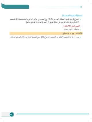 183
ُ‫االستنتاج‬ : ُ‫الثانية‬ ُ‫الخطوة‬
÷÷‫المتعلمين‬ ِ‫ومشاركة‬ ِ‫والتأنيث‬ ِ‫التذكير‬ ‫حالتي‬ ‫في‬ ِ‫المعدود‬ َ‫مع‬ )10-1( ‫من‬ ِ‫بالعدد‬ ِ‫المتعلقة‬ ِ‫الدرس‬ ِ‫قواعد‬ ُ‫استنتاج‬
.ٍ‫خاصة‬ ٍ‫لوحات‬ ‫أو‬ ِ‫العادية‬ ِ‫السبورة‬ ‫أو‬ ِ‫العرض‬ ِ‫شاشة‬ ‫على‬ ِ‫القواعد‬ ‫تلك‬ ُ‫عرض‬ ‫ثم‬ ،ً‫كافة‬
»»:)‫دقائق‬ 10( ‫البنائي‬ ‫التقويم‬
÷÷.ِ‫الطلبة‬ ِ‫استنتاجات‬ ُ‫متابعة‬
)‫دقائق‬ 5( ‫التقــــــويـــم‬ :‫ا‬ ً‫ثالث‬
÷÷.ِ‫المحلية‬ ِ‫الصحف‬ ِ‫خالل‬ ‫من‬ ‫ا‬ً‫د‬‫أعدا‬ ‫تضمنت‬ ٍ‫جمل‬ ‫ثالث‬ َ‫استخراج‬ ‫المتعلمين‬ ‫من‬ َ‫الطلب‬ ُ‫يتضمن‬ ‫ا‬ًّ‫ي‬‫ل‬‫ز‬‫من‬ ‫ا‬ً‫ب‬‫واج‬ ُ‫د‬‫يحد‬
 